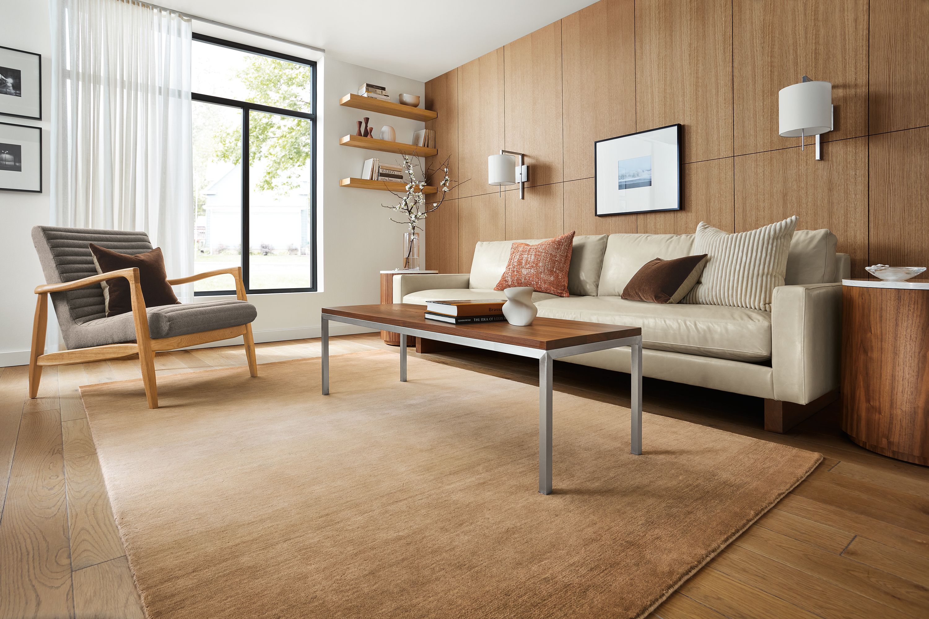 living room with pierson sofa and luco rug in cognac.