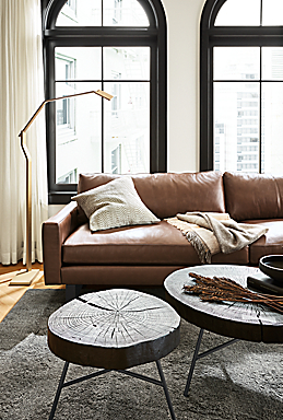 Living room with Prospect coffee tables and pierson leather sofa with metal base.