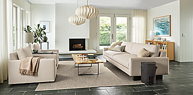 Living room with Pierson sofa and Linger chairs in Hines oatmeal,  and Chilton coffee table in spalted sugarberry.