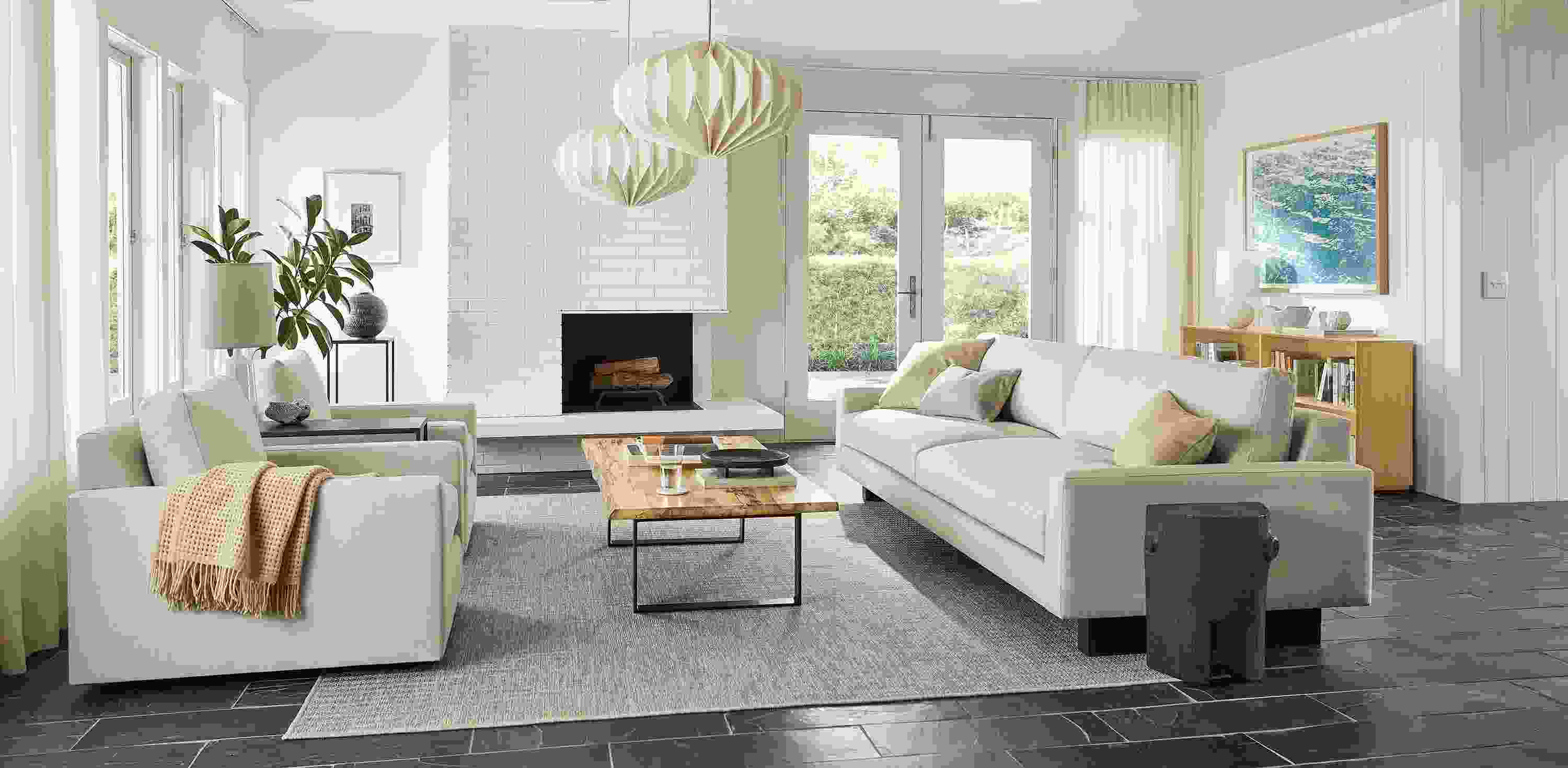 Living room with Pierson sofa and Linger chairs in Hines oatmeal,  and Chilton coffee table in spalted sugarberry.