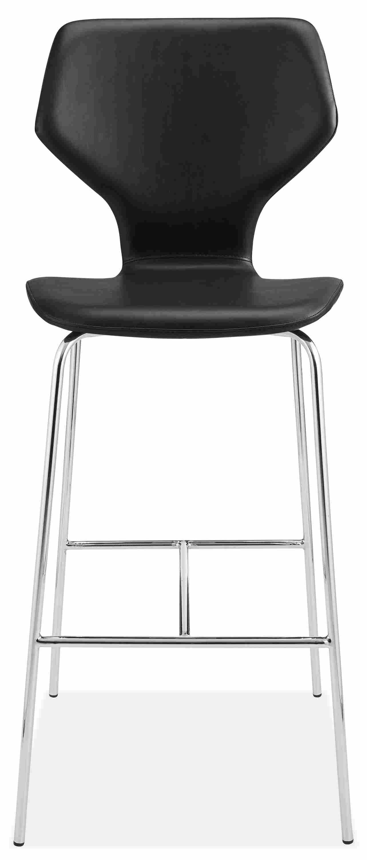 Front view of Pike Bar Stool in Black Nola Leather with Metal Base.