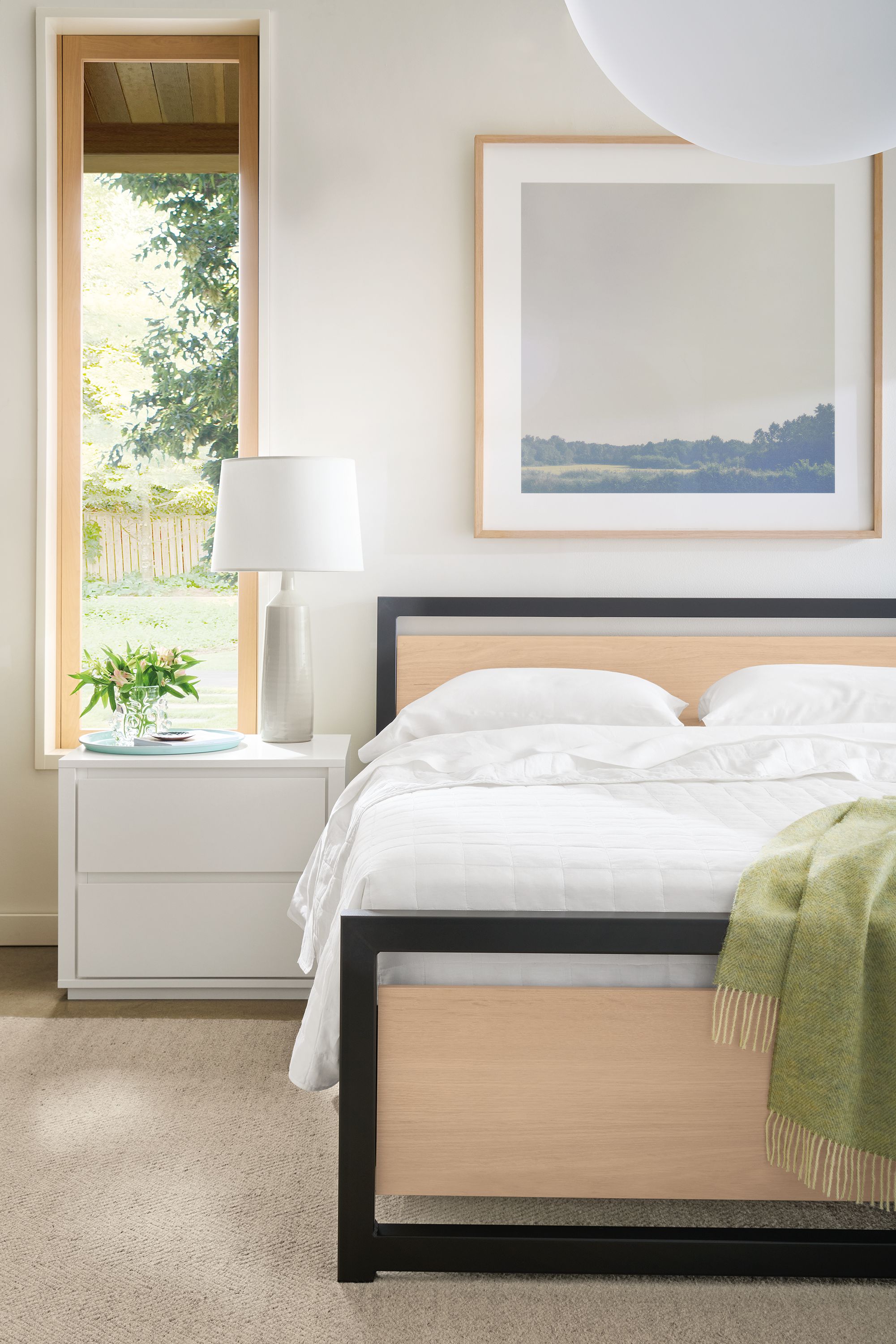 Queen bed in salt stain with natural steel frame