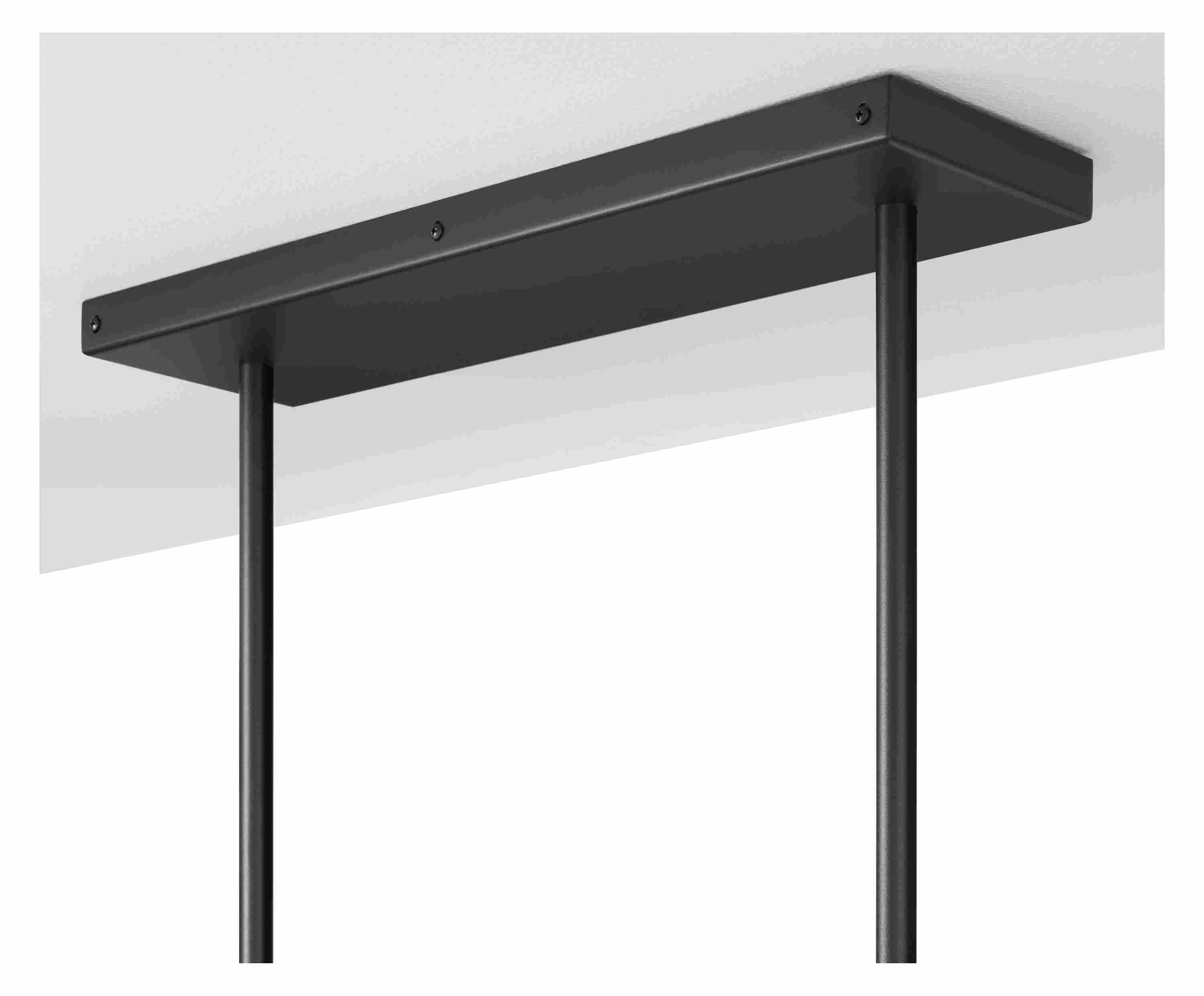 Detail of graphite ceiling canopy of a polar 40-wide chandelier in clear glass.