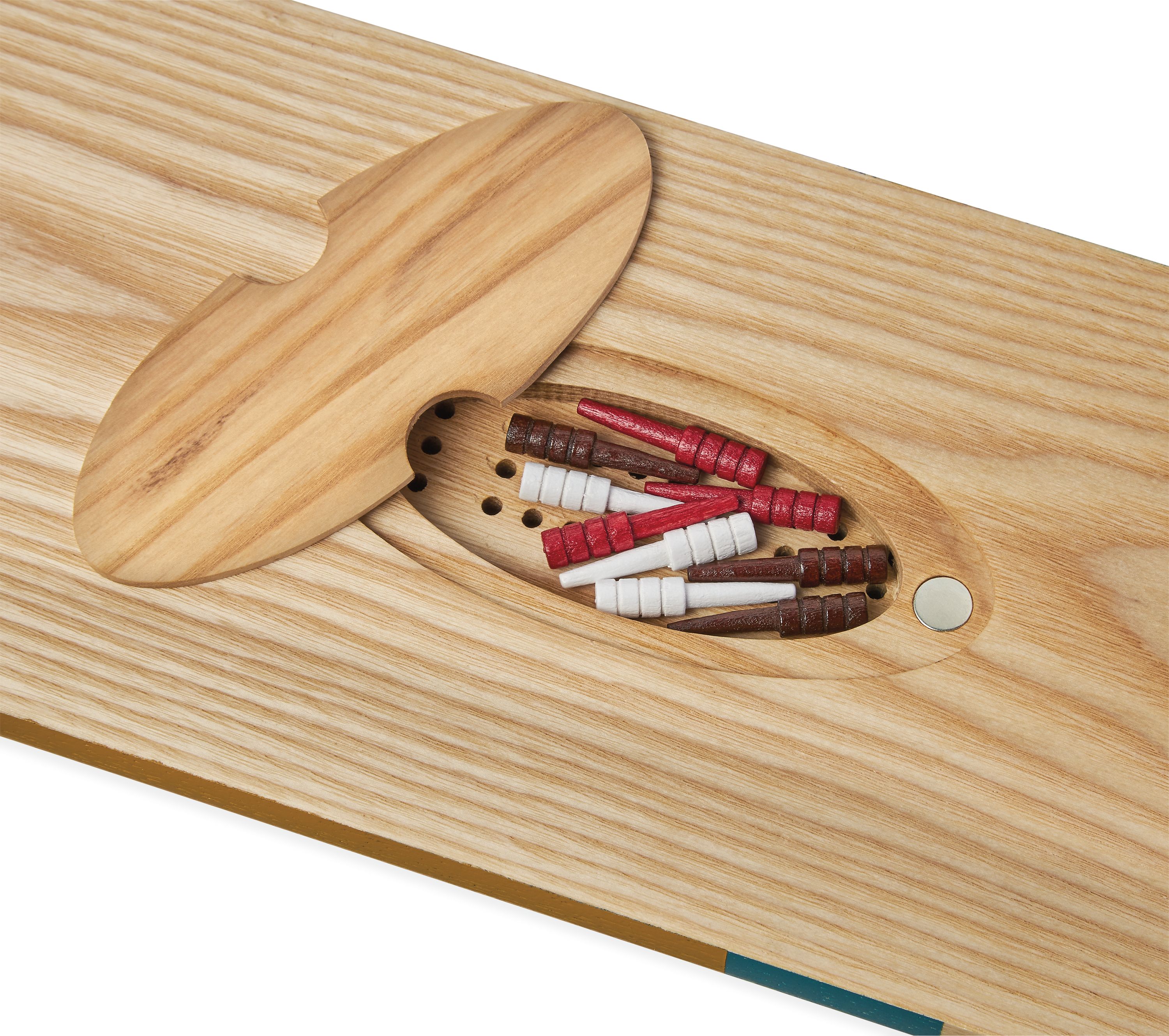 Detail of Portage Cribbage Board in Teal.