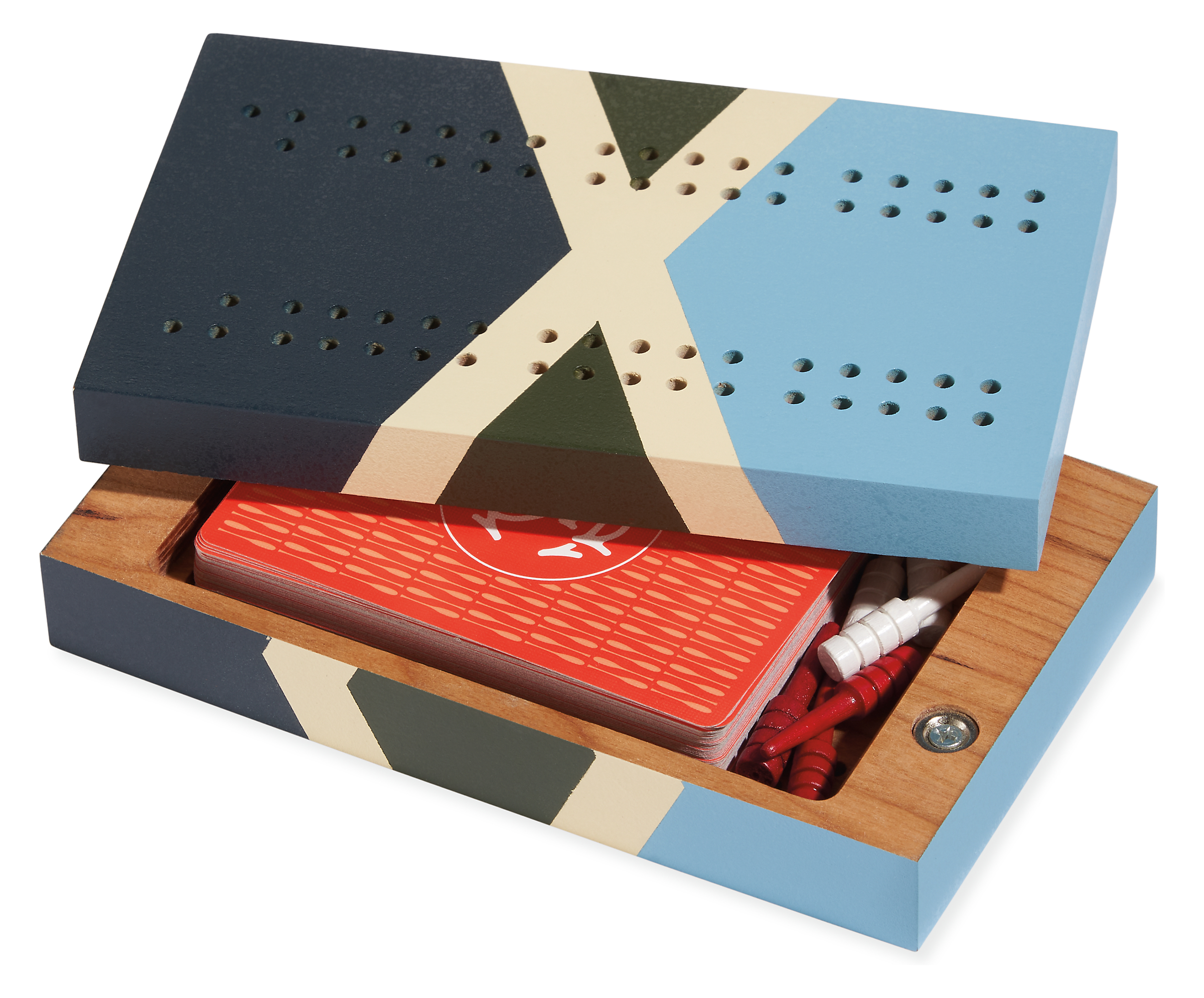 detail of Portage Travel Cribbage Board with Scout Playing Cards in Marine.
