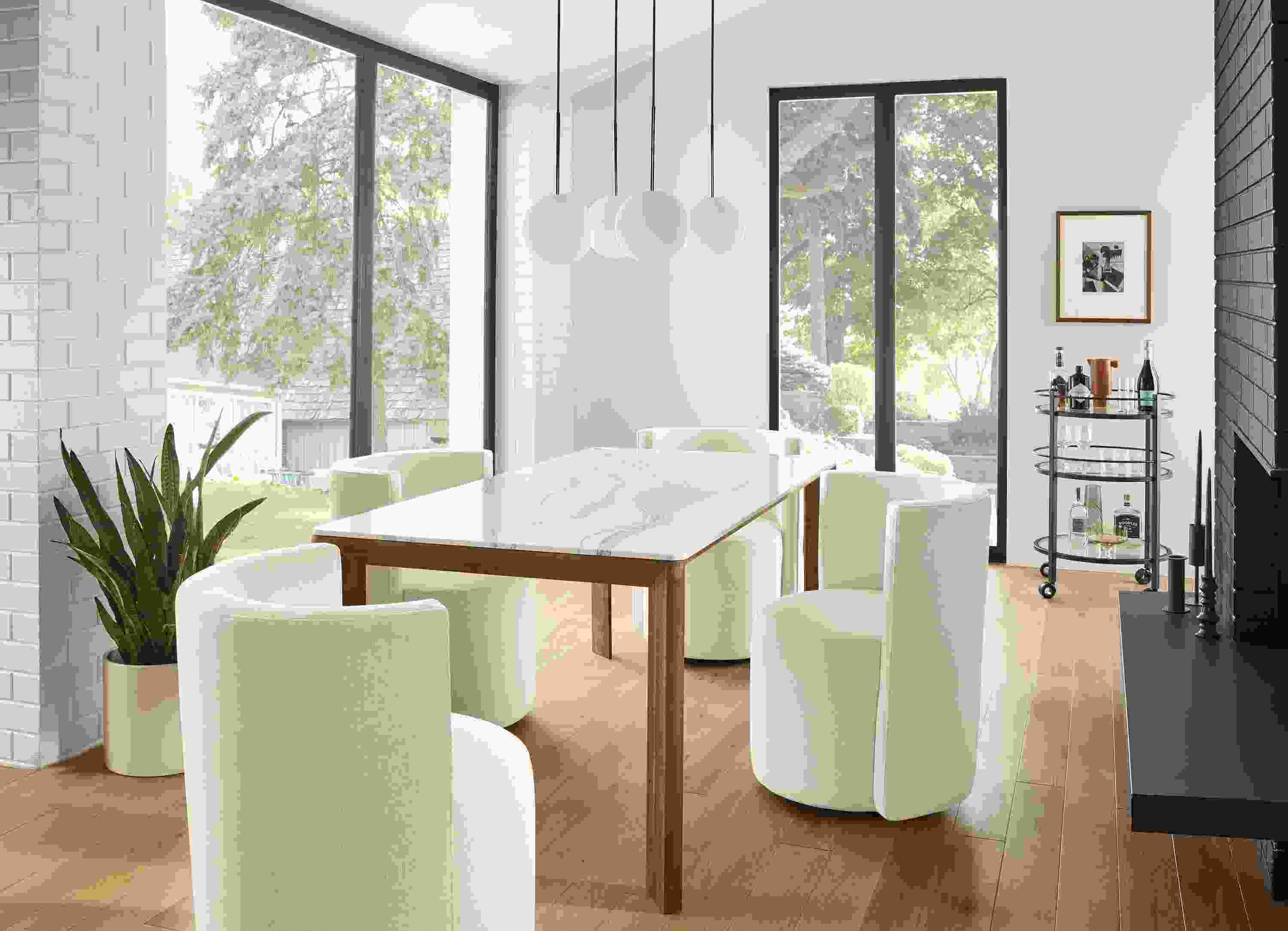 Dining room setting with Pren 72-wide table with Cambria quartz top.