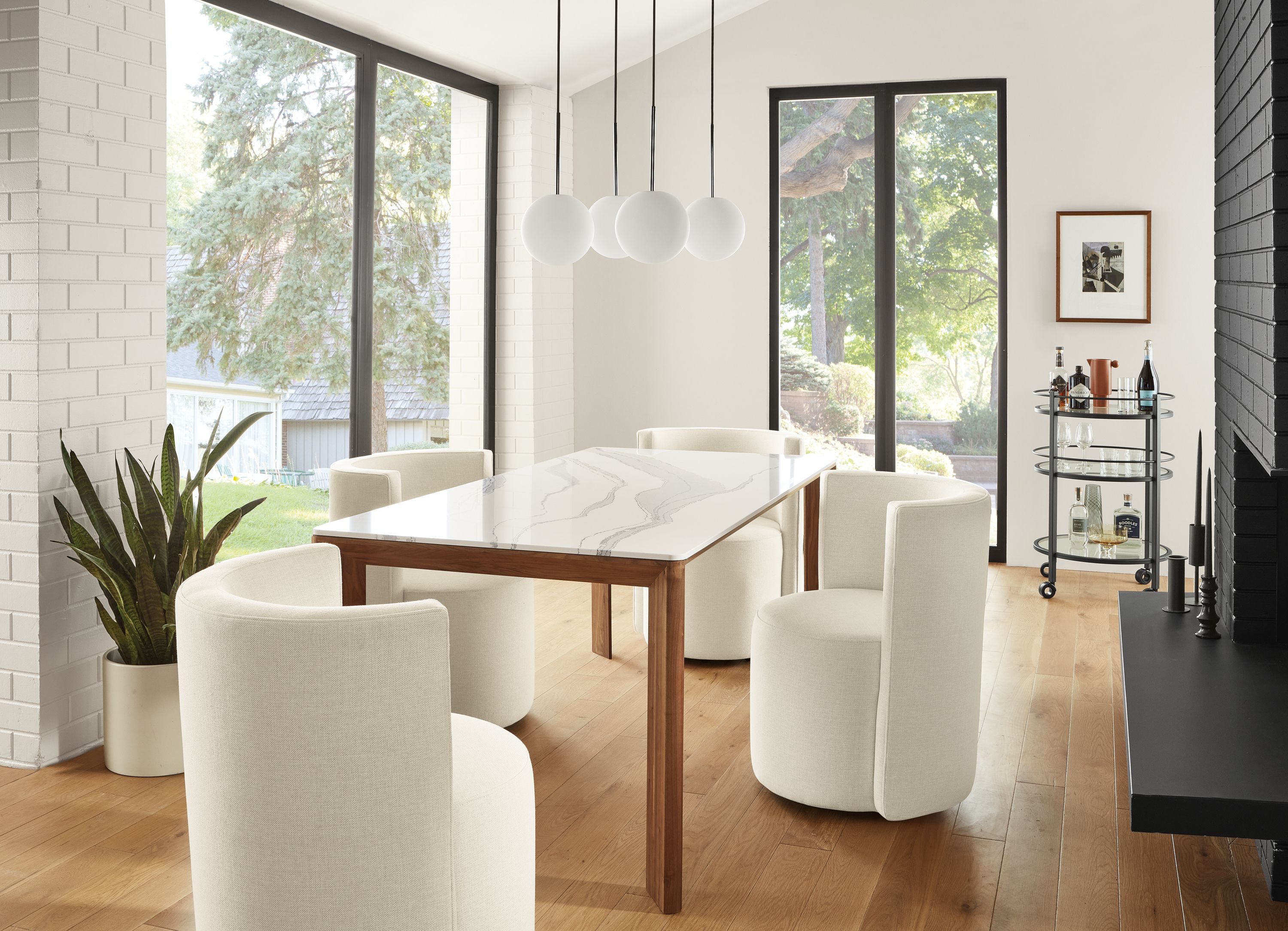 Dining room setting with Pren 72-wide table with Cambria quartz top.