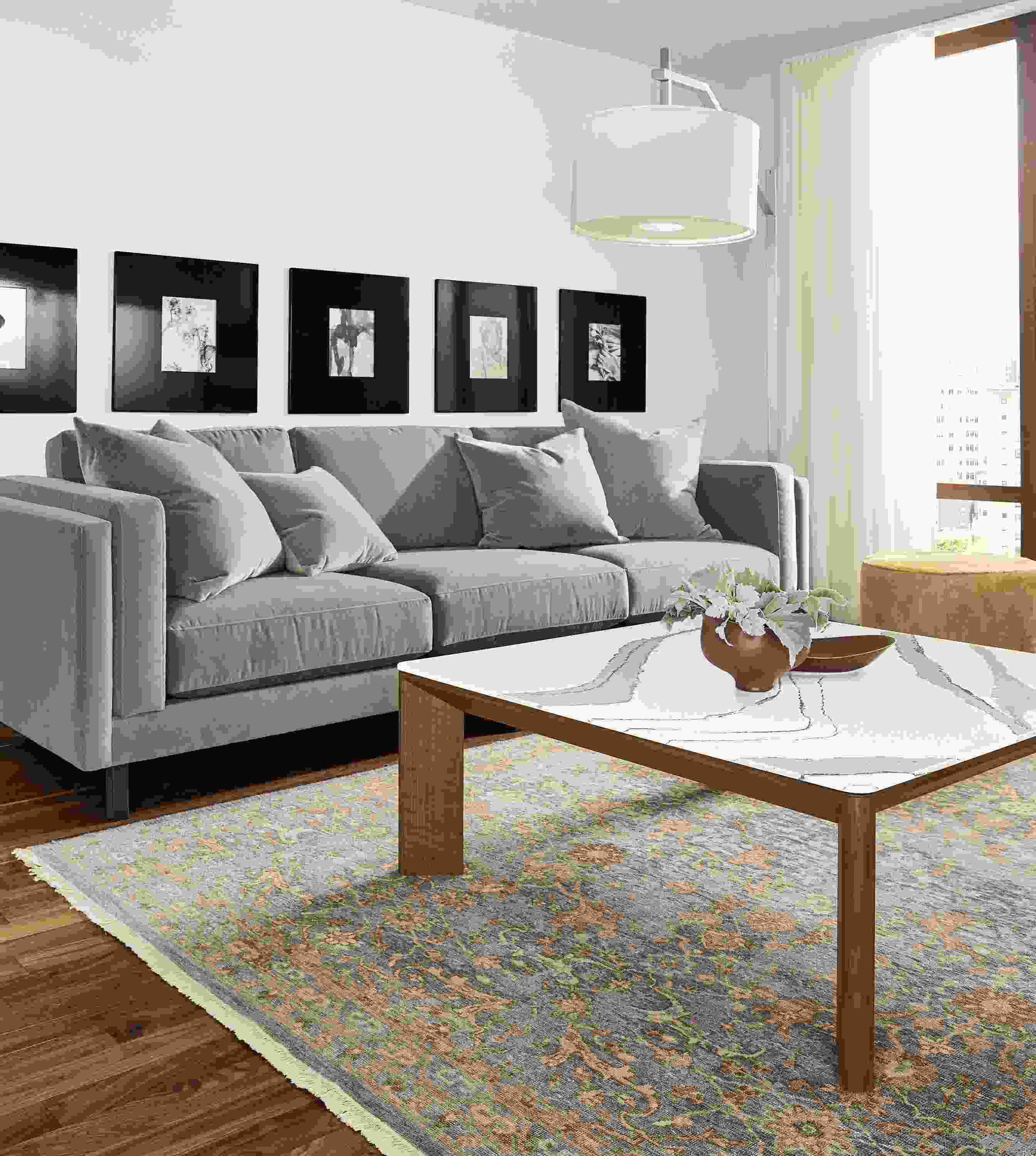 Detail of Pren coffee table and Cade sofa on Vesuvio rug.