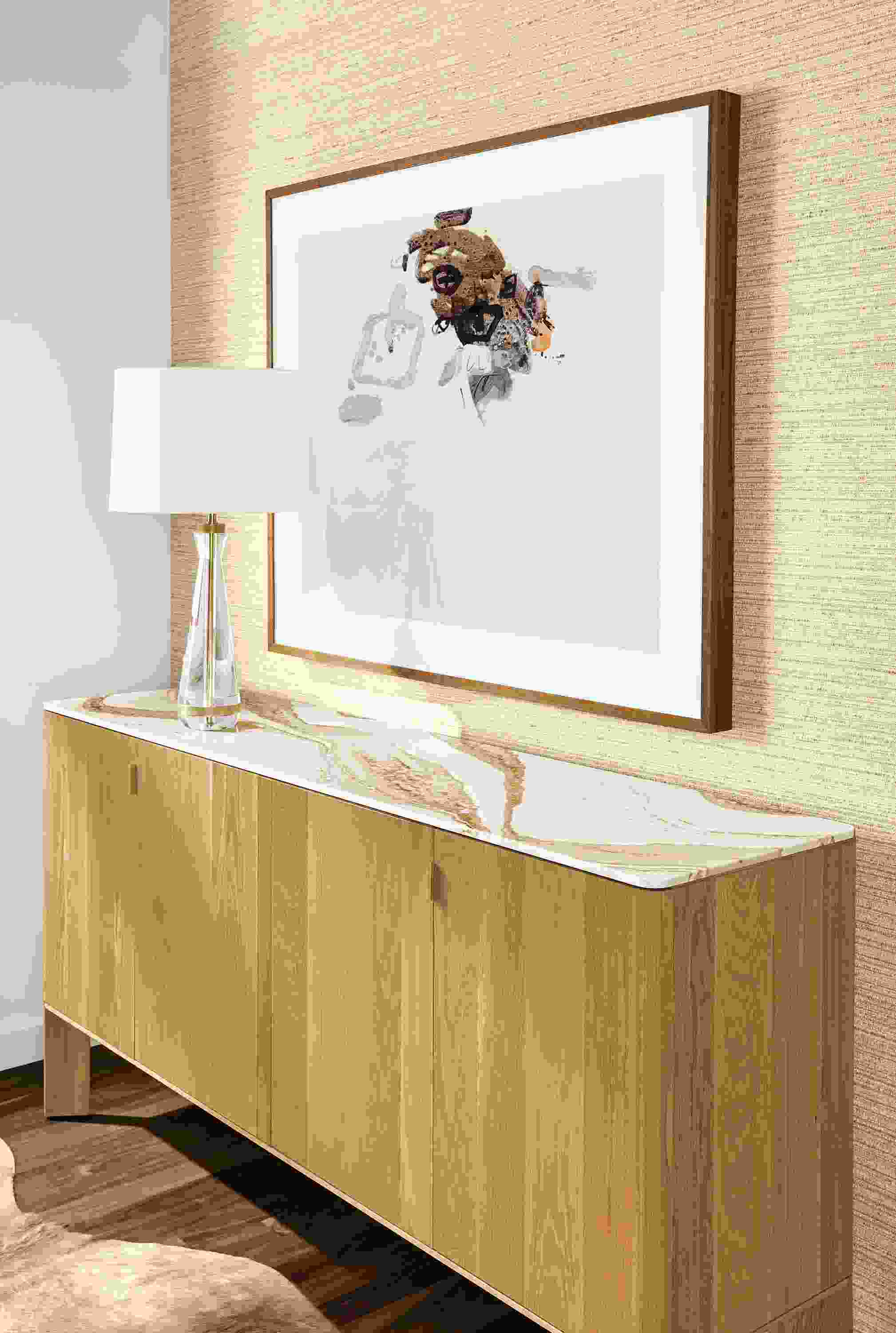 Detail of Pren storage cabinet in white oak with Cambria Brittanica Gold top.