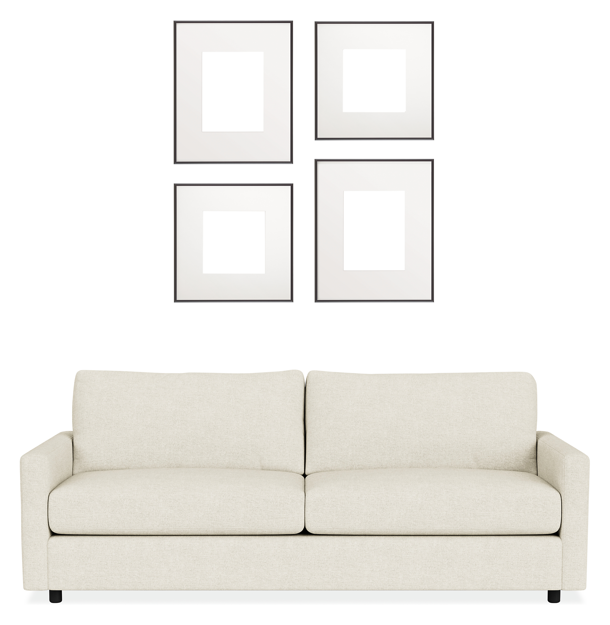 Front view of Profile Mixed Grid Picture Frame Set of 4 in Metal with Linger Sofa.