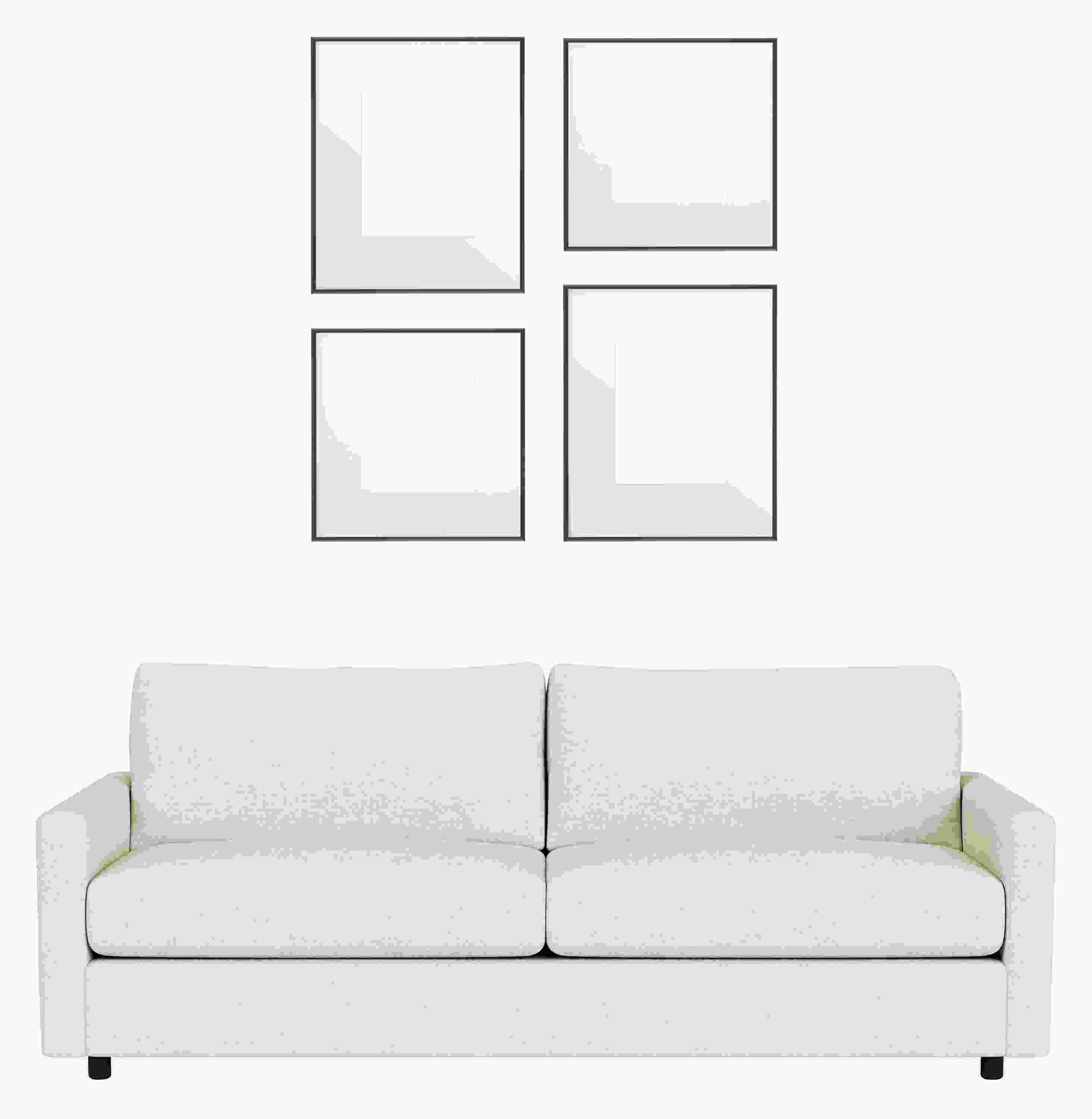 Front view of Profile Mixed Grid Picture Frame Set of 4 in Metal with Linger Sofa.