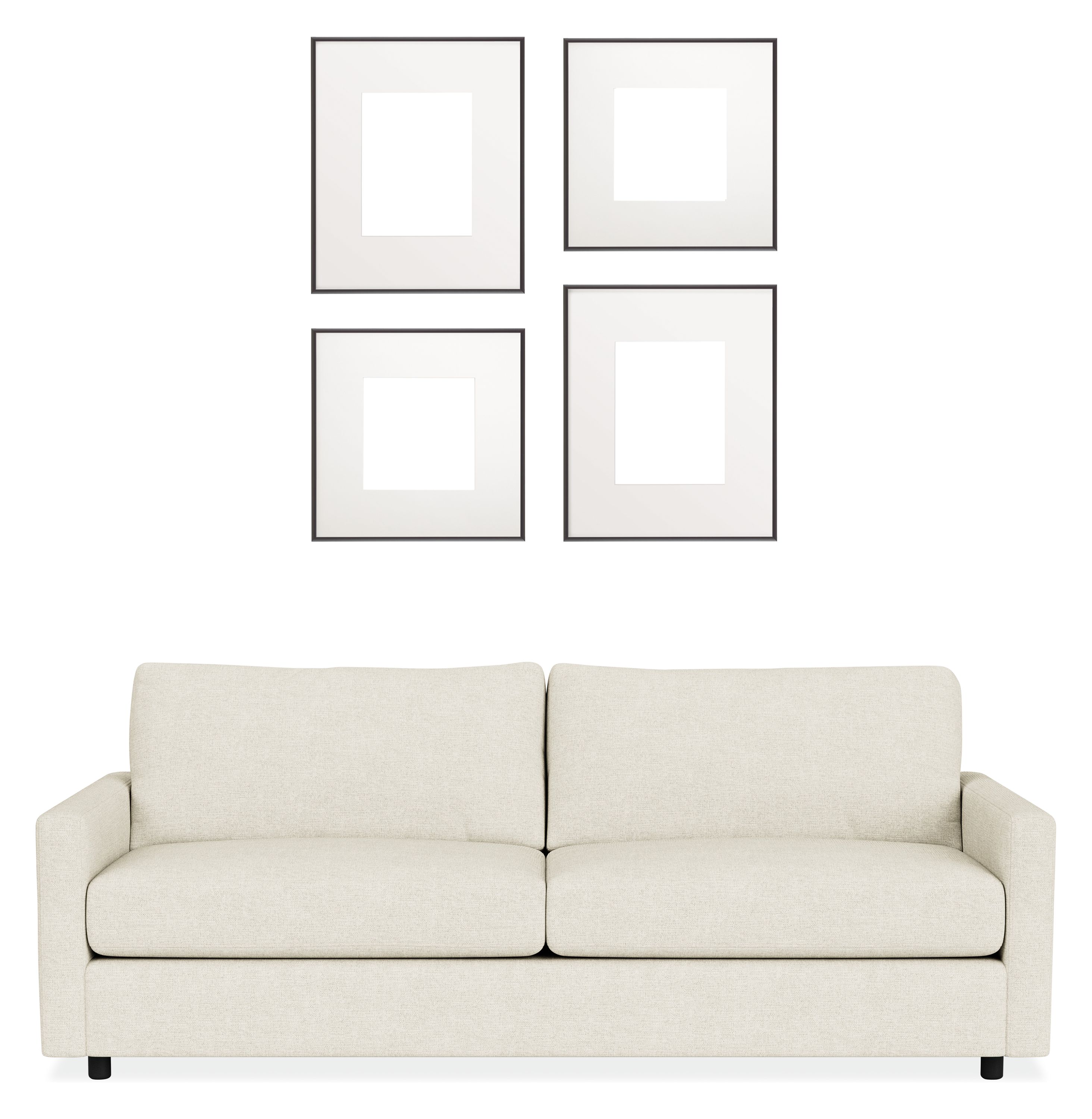 Front view of Profile Mixed Grid Picture Frame Set of 4 in Metal with Linger Sofa.