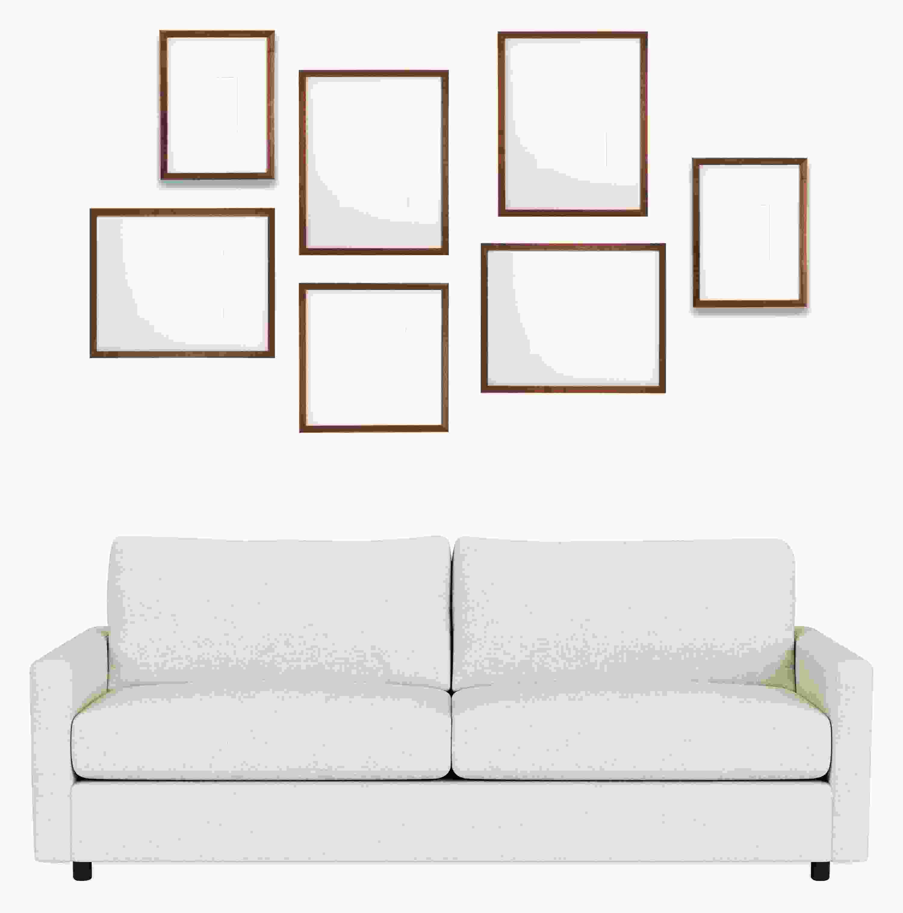 Front view of Profile Organic Picture Frame Set of 7 in Wood with Linger Sofa.