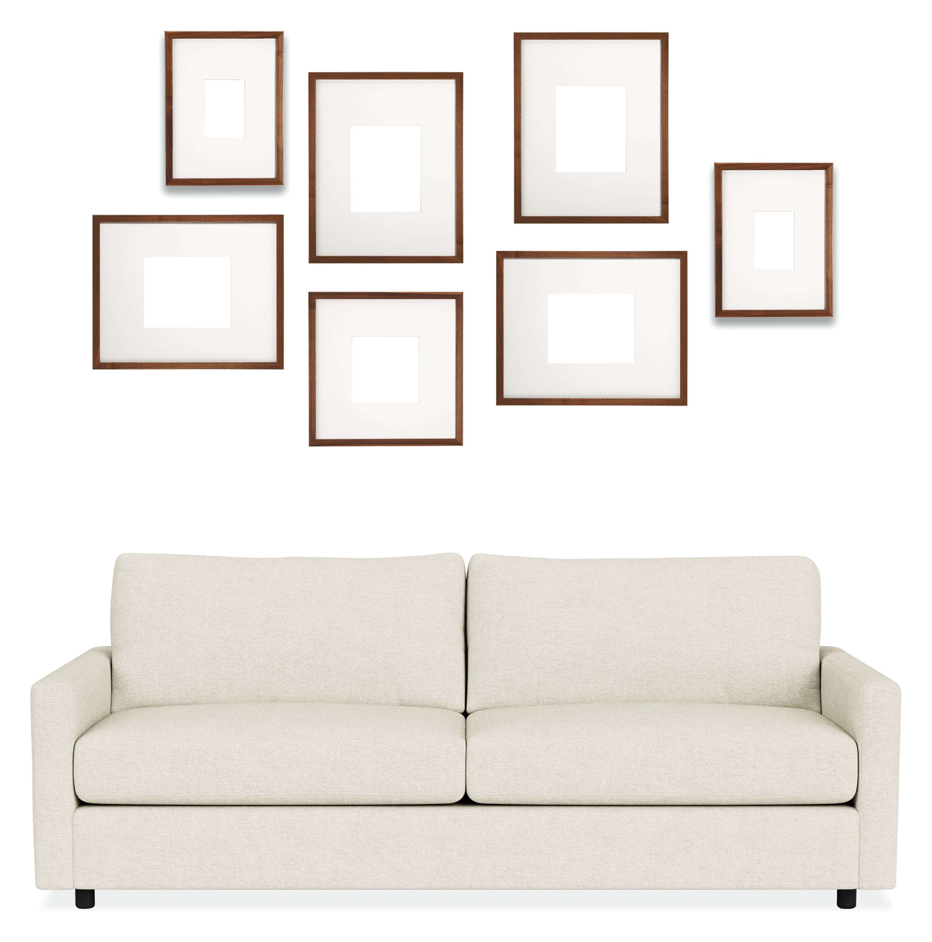 Front view of Profile Organic Picture Frame Set of 7 in Wood with Linger Sofa.
