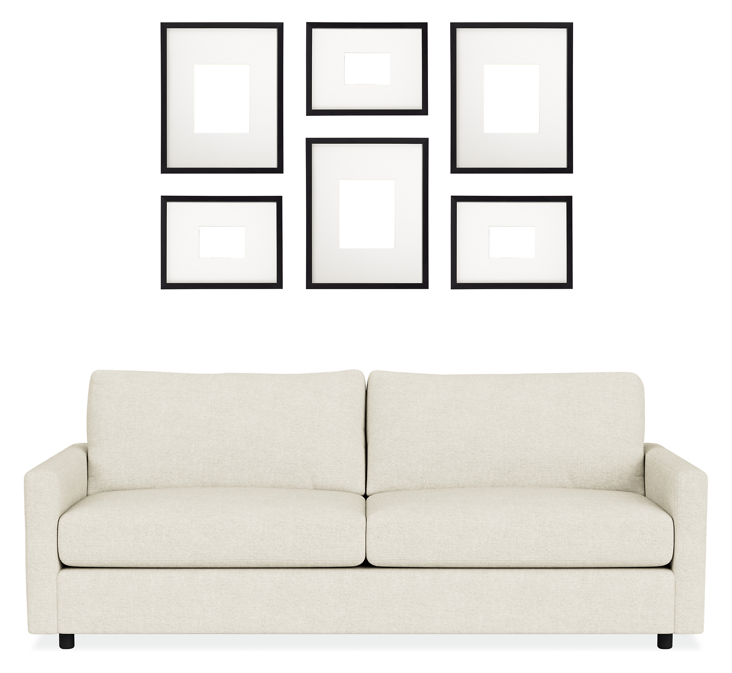 Front view of Profile Mixed Grid Picture Frame Set of 6 in Wood with Linger Sofa.