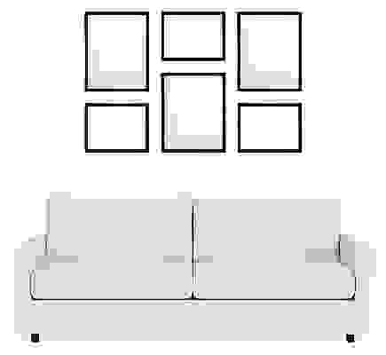 Front view of Profile Mixed Grid Picture Frame Set of 6 in Wood with Linger Sofa.