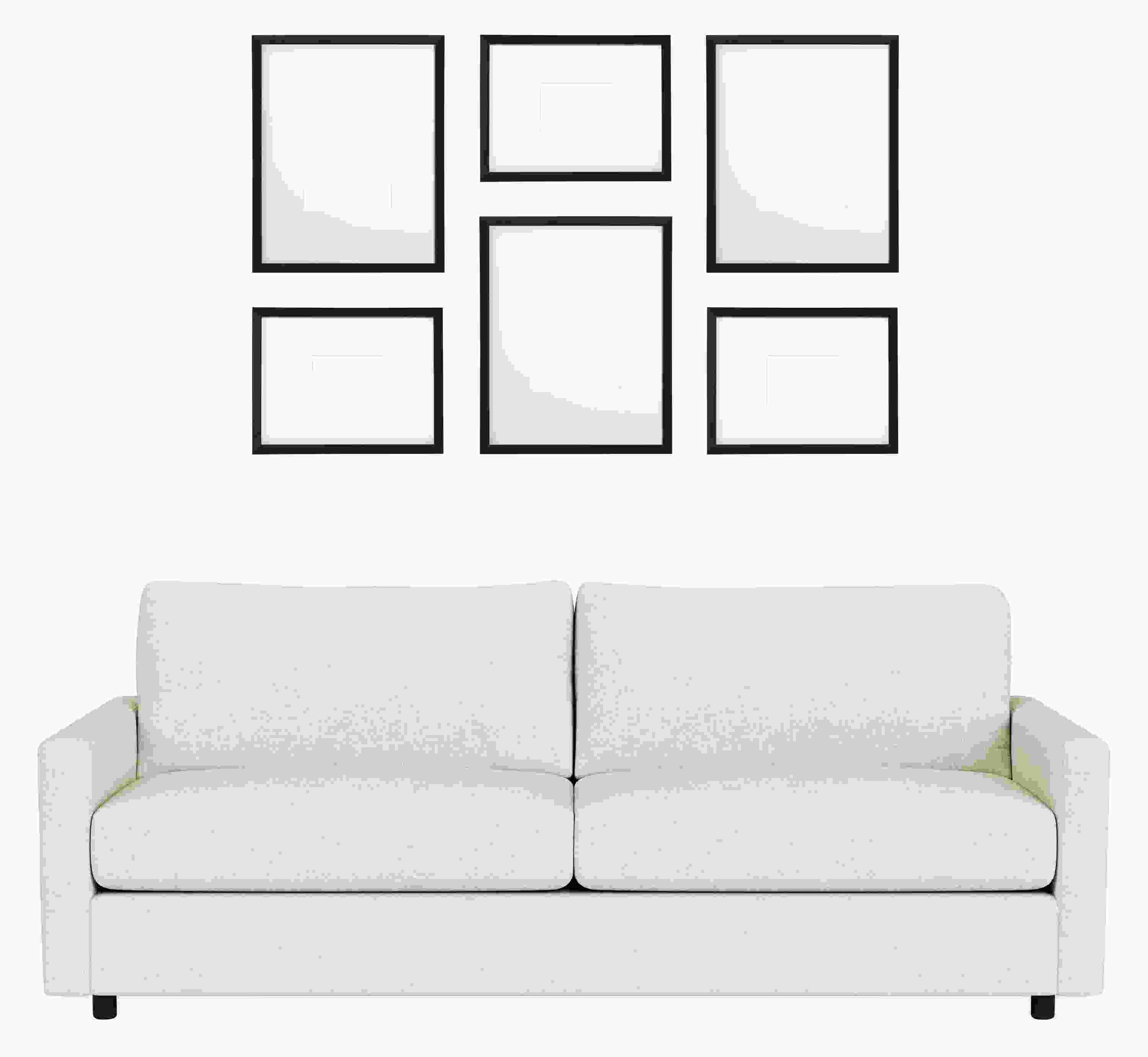 Front view of Profile Mixed Grid Picture Frame Set of 6 in Wood with Linger Sofa.