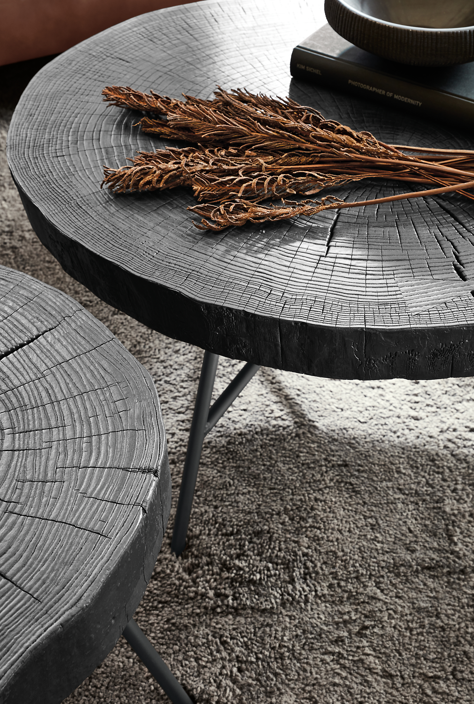 Detailed image of prospect coffee tables in charred ash.