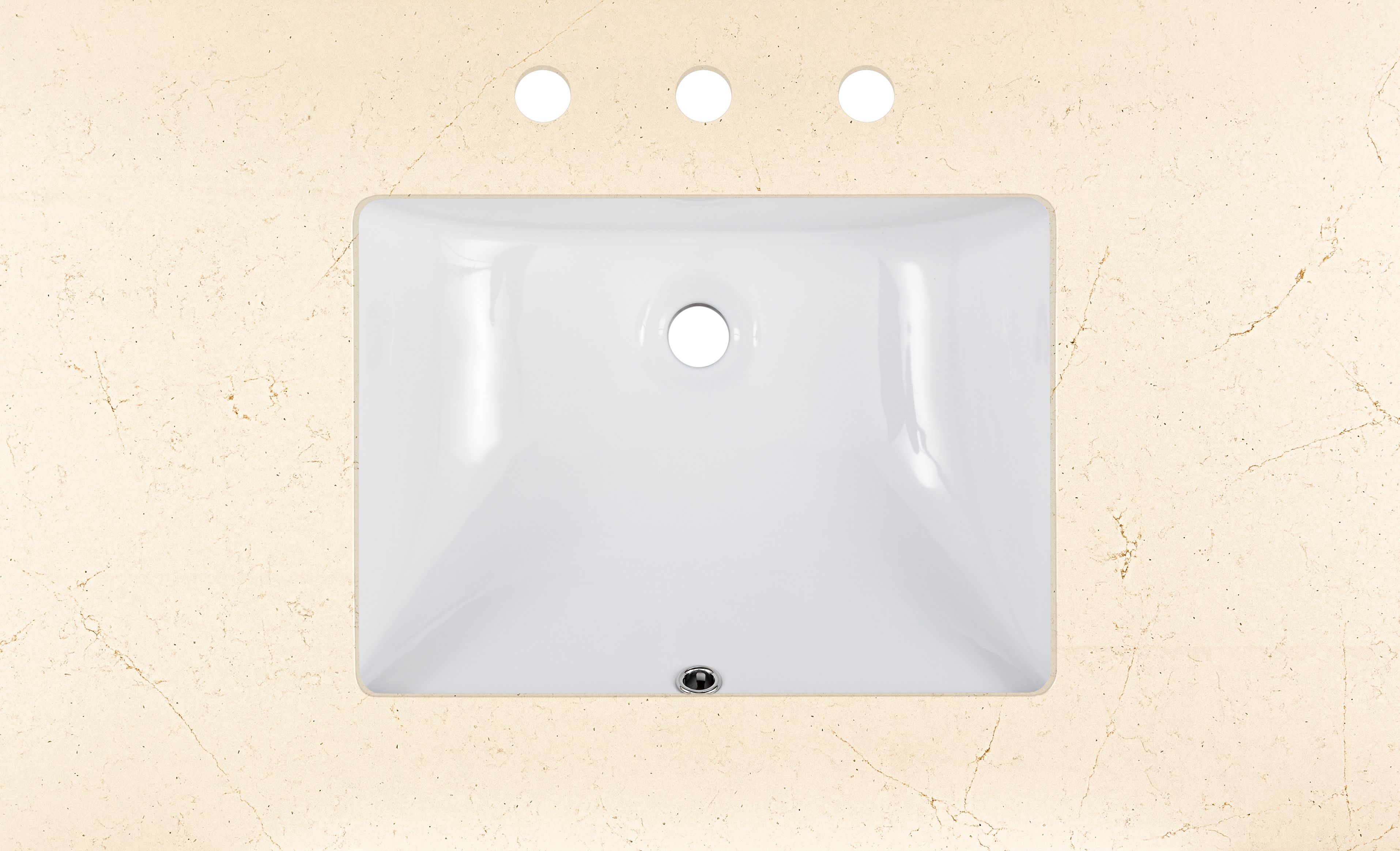 Top down detail of Vanity top in ecru quartz with rectangle sink and three facet holes.