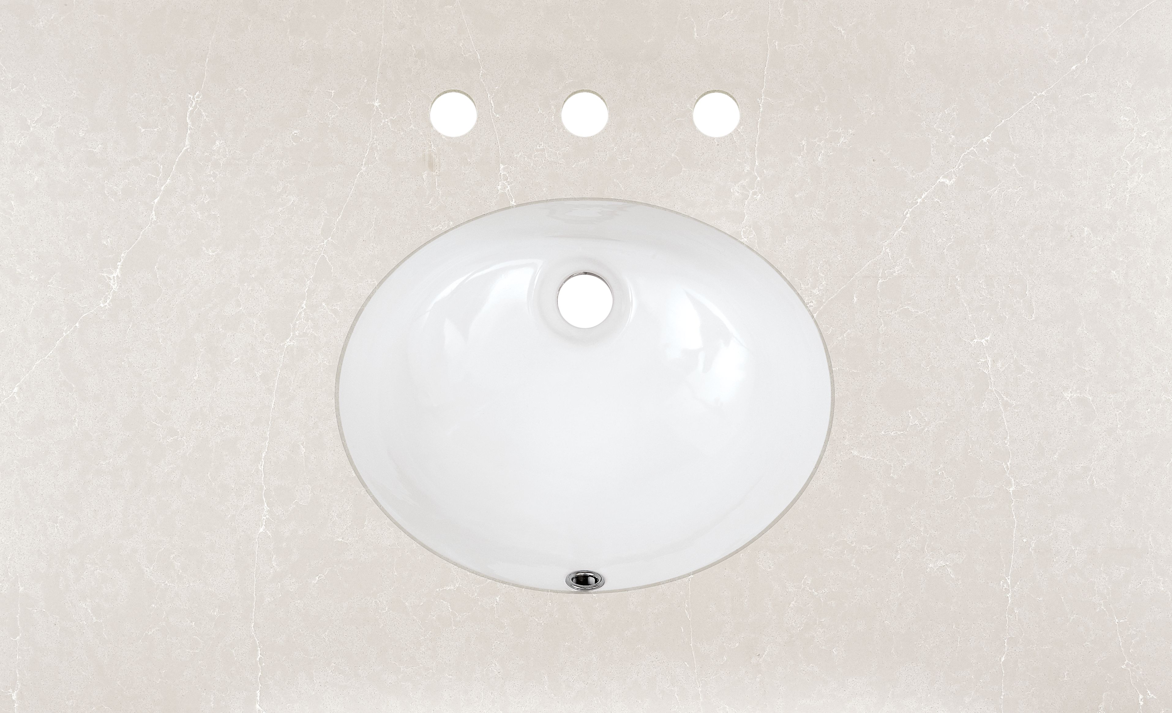 Top down detail of Vanity top in light grey quartz with oval sink and three facet holes.