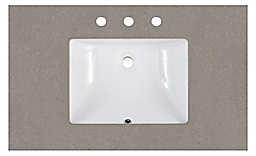 Top down detail of Vanity top in fog quartz with rectangle sink and three facet holes.
