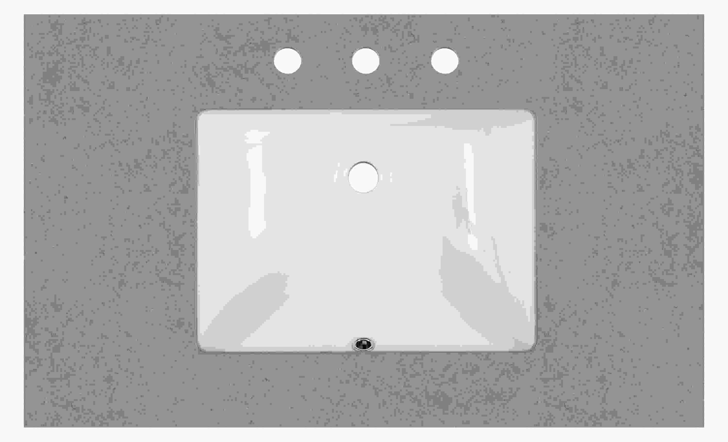 Top down detail of Vanity top in fog quartz with rectangle sink and three facet holes.