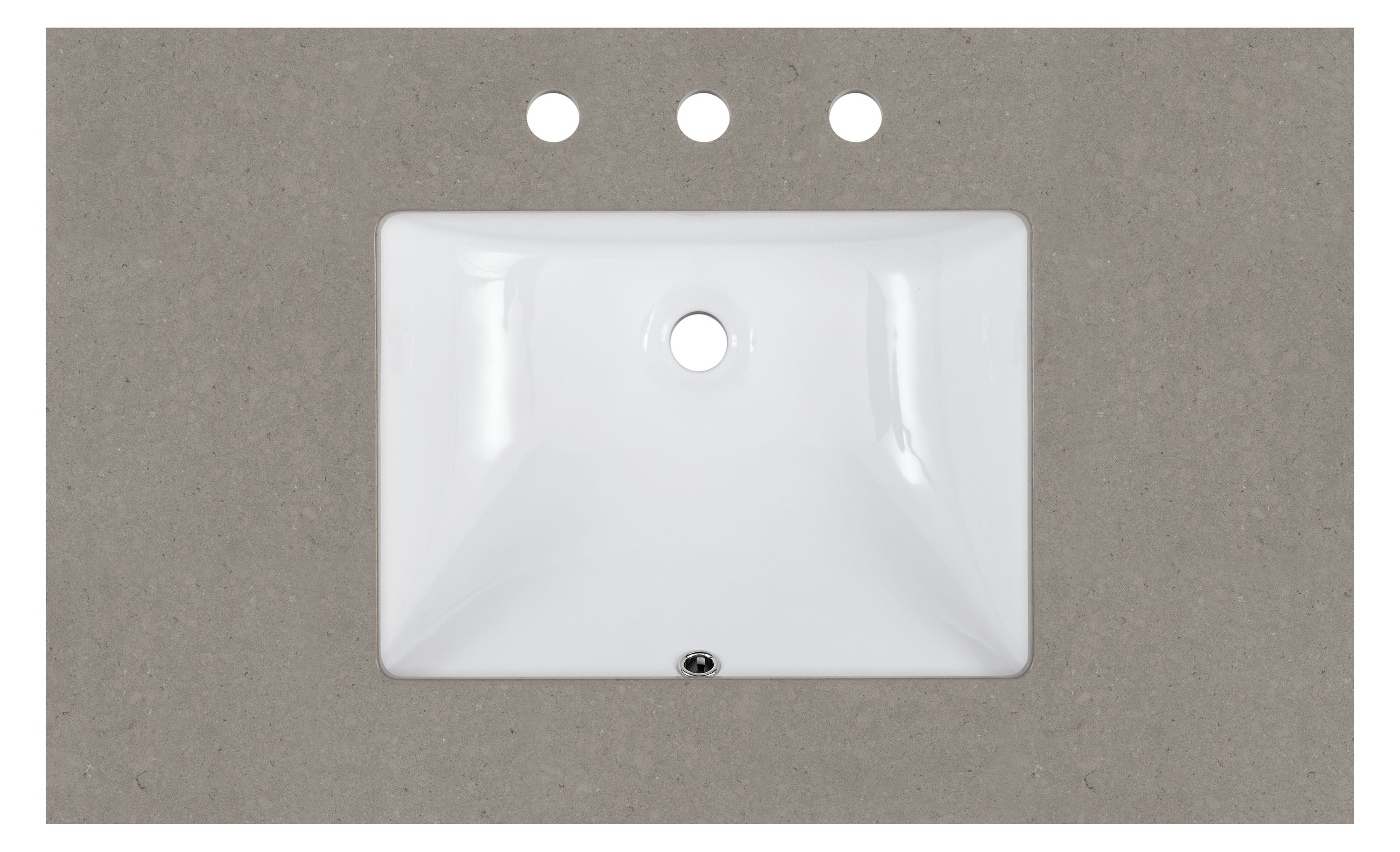 Top down detail of Vanity top in fog quartz with rectangle sink and three facet holes.