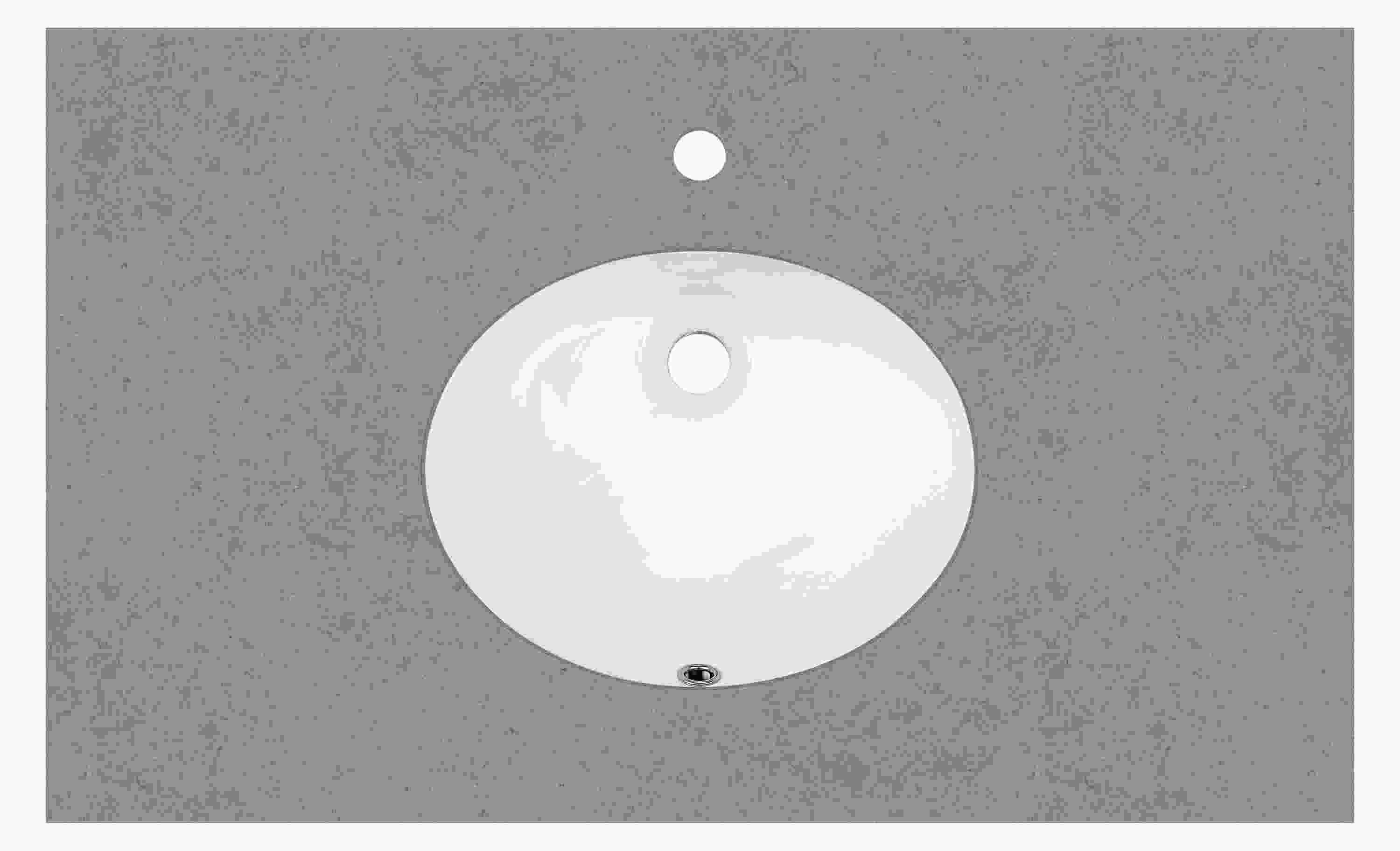 Top down detail of Vanity top in fog quartz with oval sink and one facet hole.