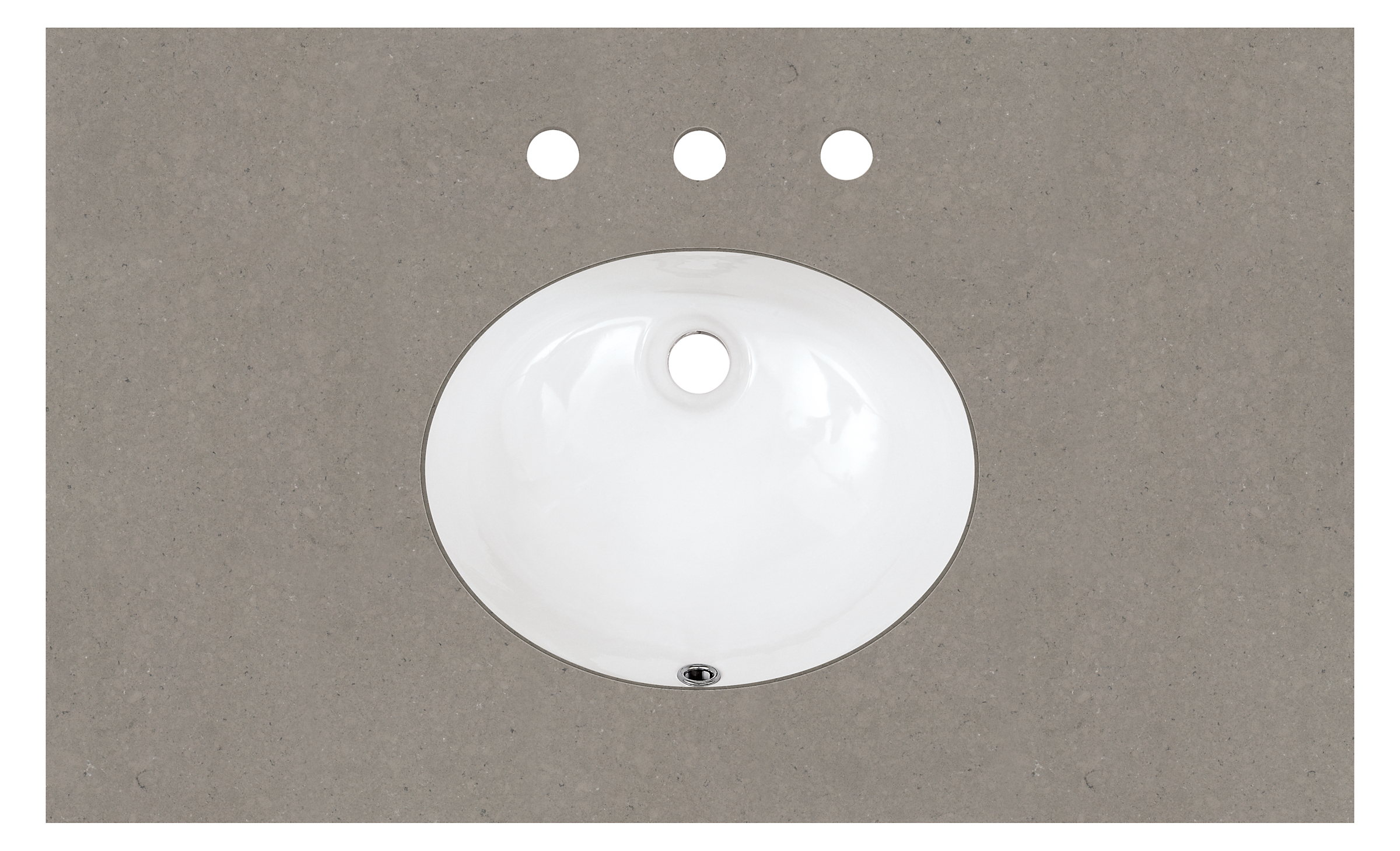 Top down detail of Vanity top in fog quartz with oval sink and three facet holes.