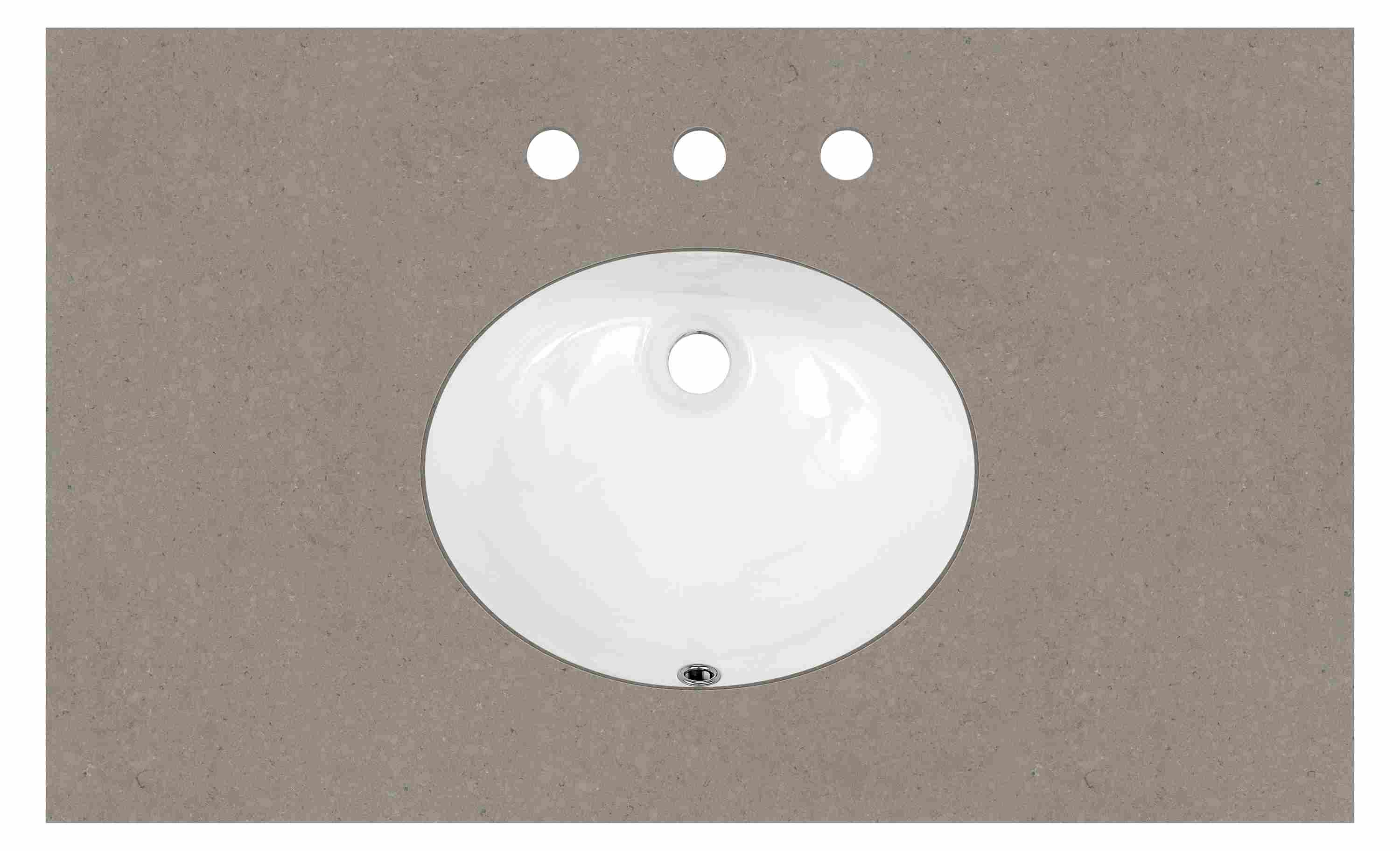 Top down detail of Vanity top in fog quartz with oval sink and three facet holes.