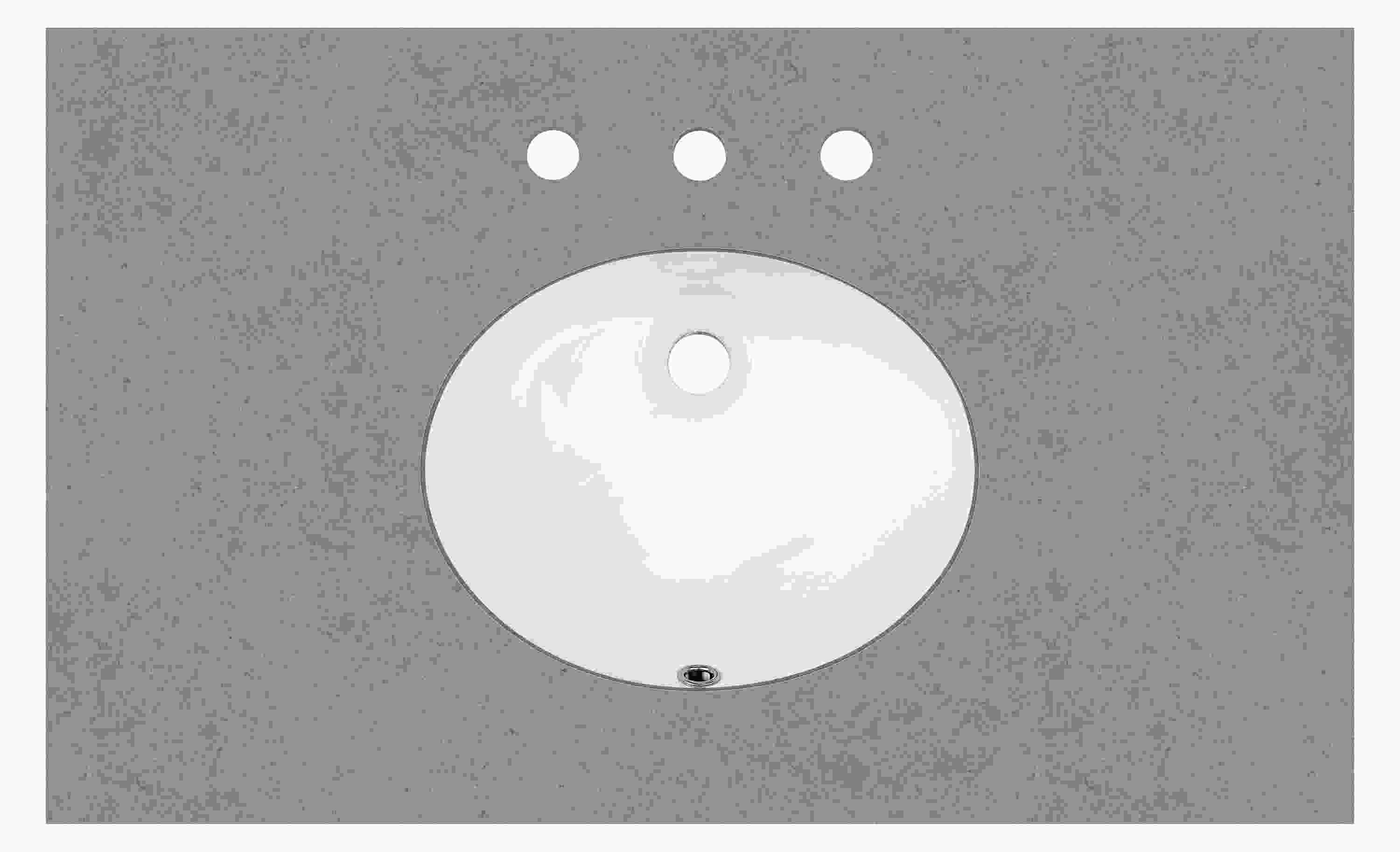 Top down detail of Vanity top in fog quartz with oval sink and three facet holes.