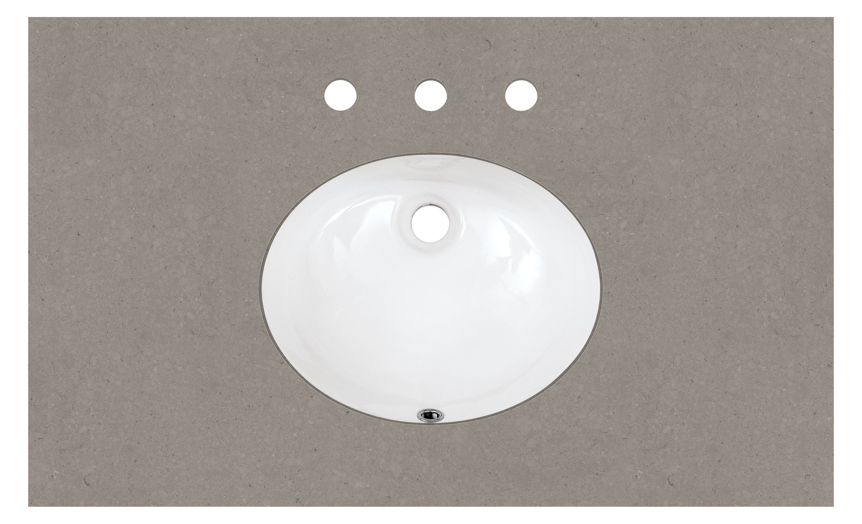 Top down detail of Vanity top in fog quartz with oval sink and three facet holes.