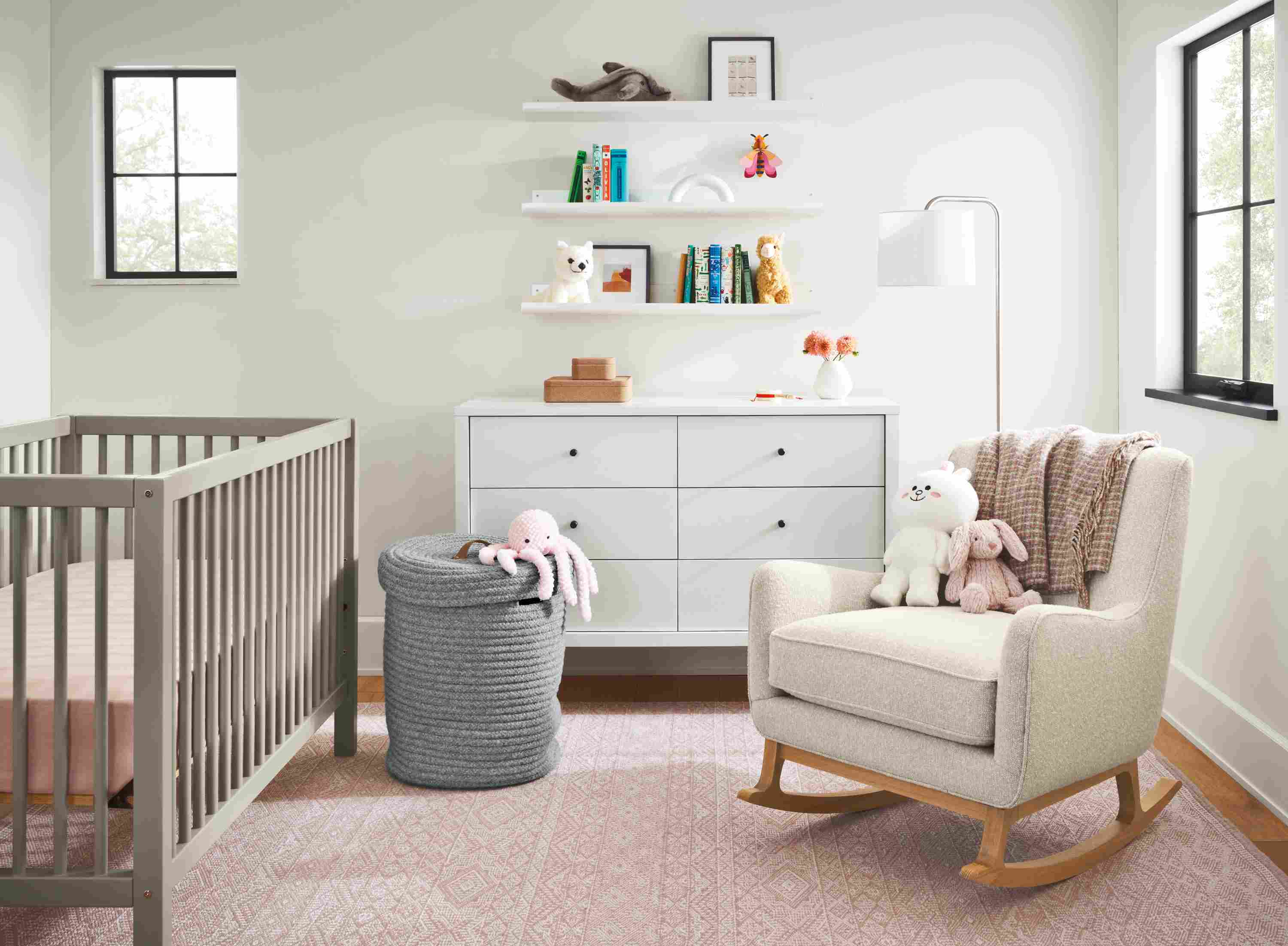 Kid's bedroom with Quinn rocking chair in Conley Natural and Aster crib in taupe.