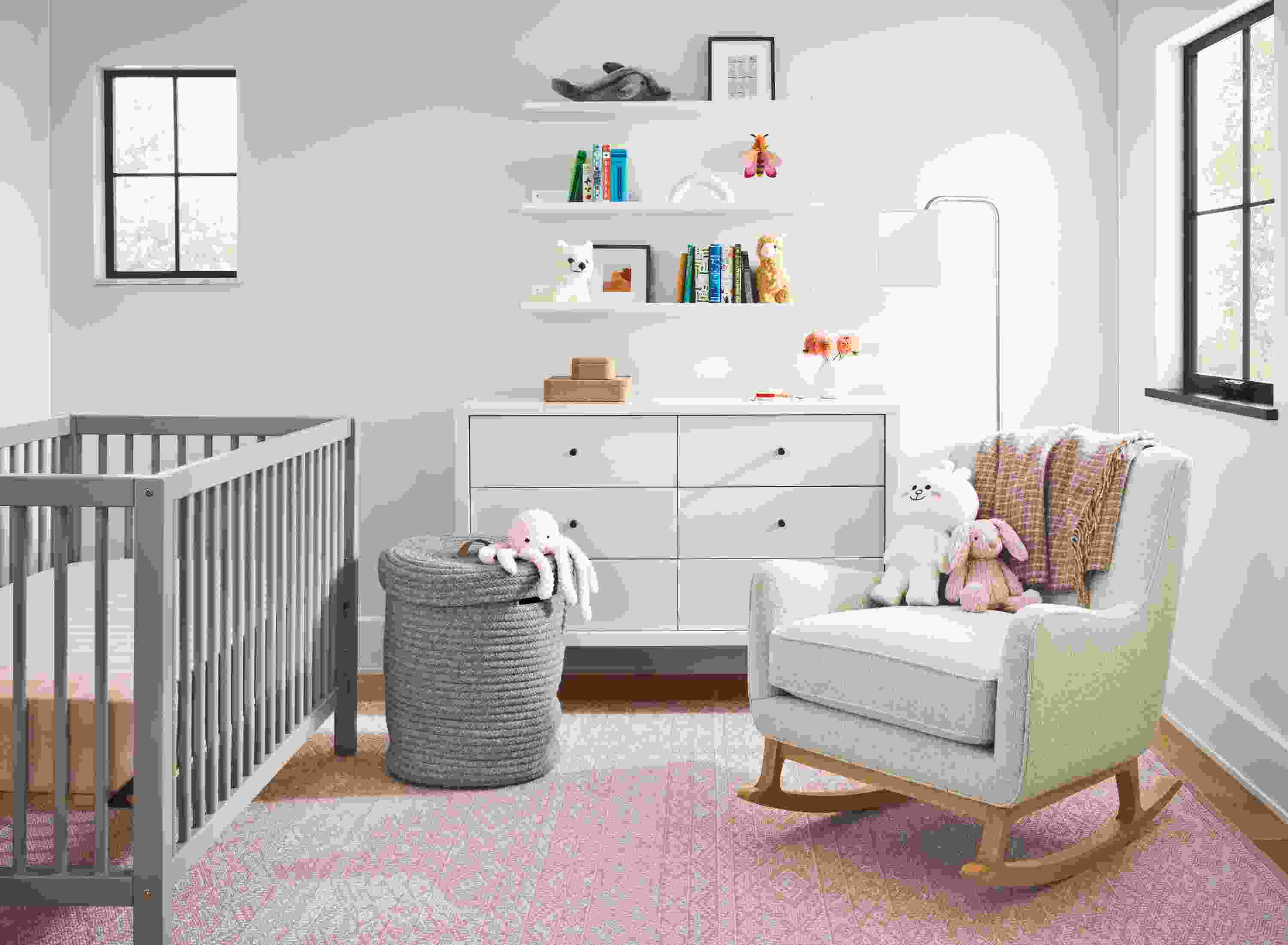Kid's bedroom with Quinn rocking chair in Conley Natural and Aster crib in taupe.
