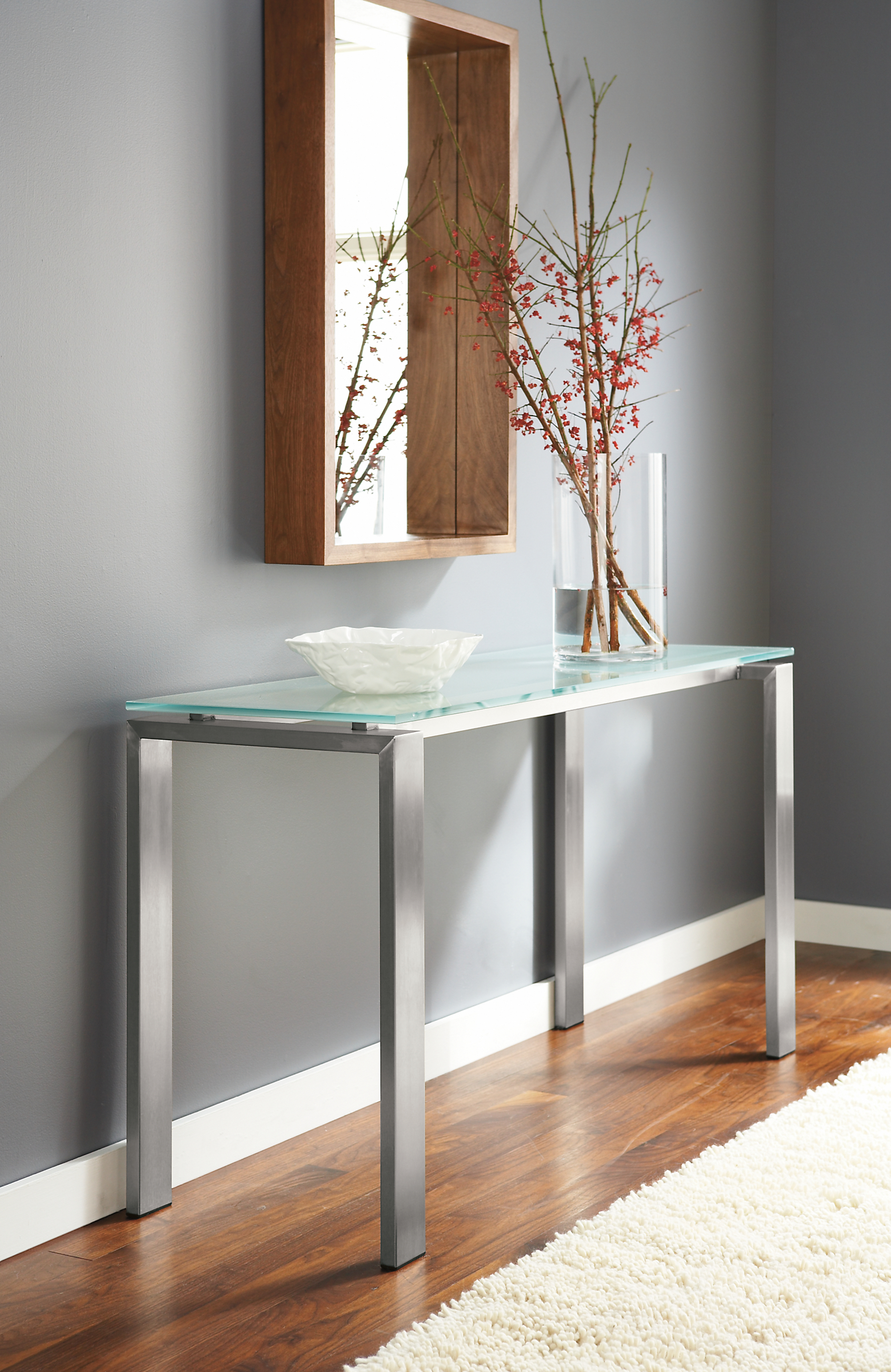 Detail image of Rand 54-by-18 high console table in stainless steel.
