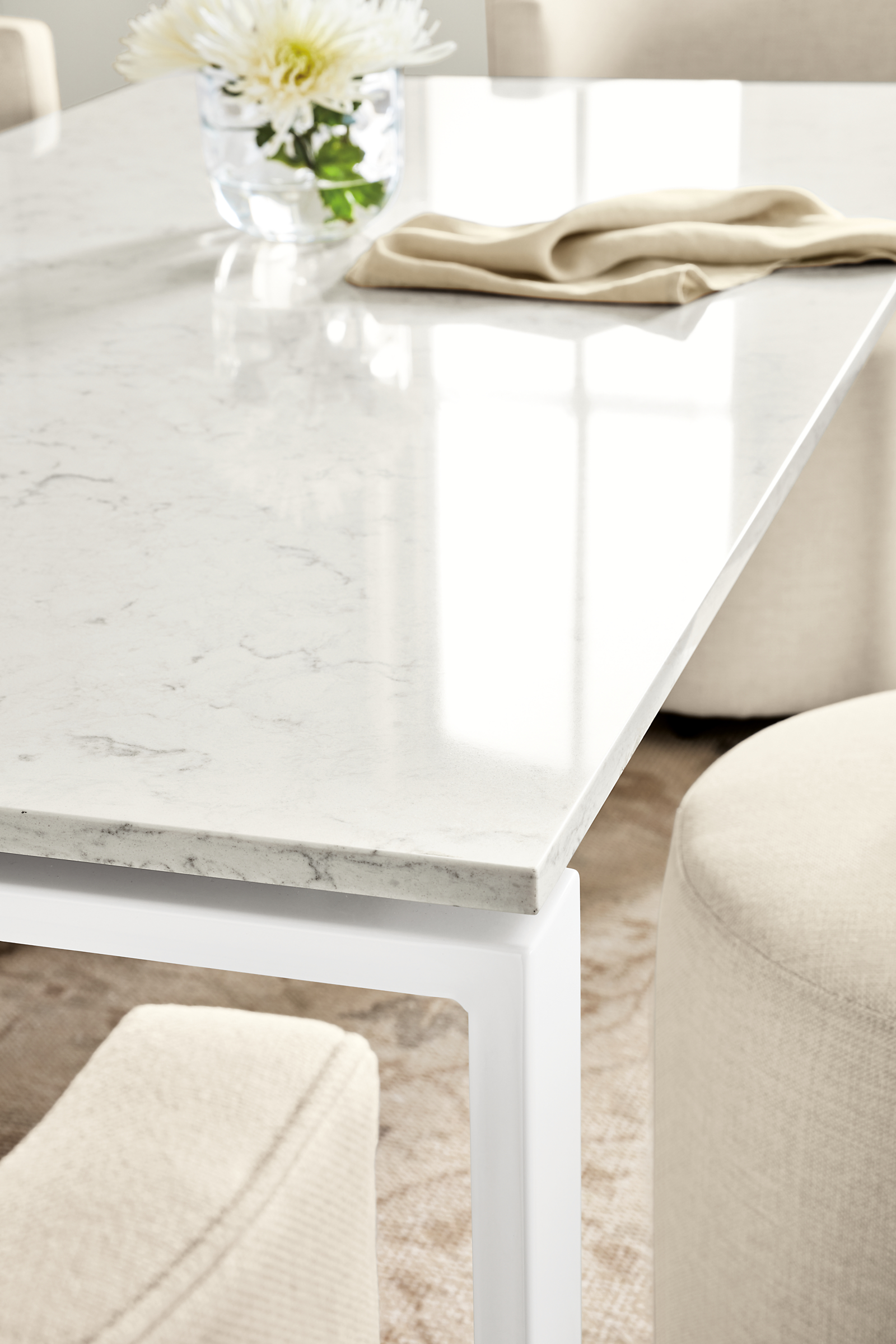 Detail of Rand 72-wide Table in White with Marbled White Quartz top.