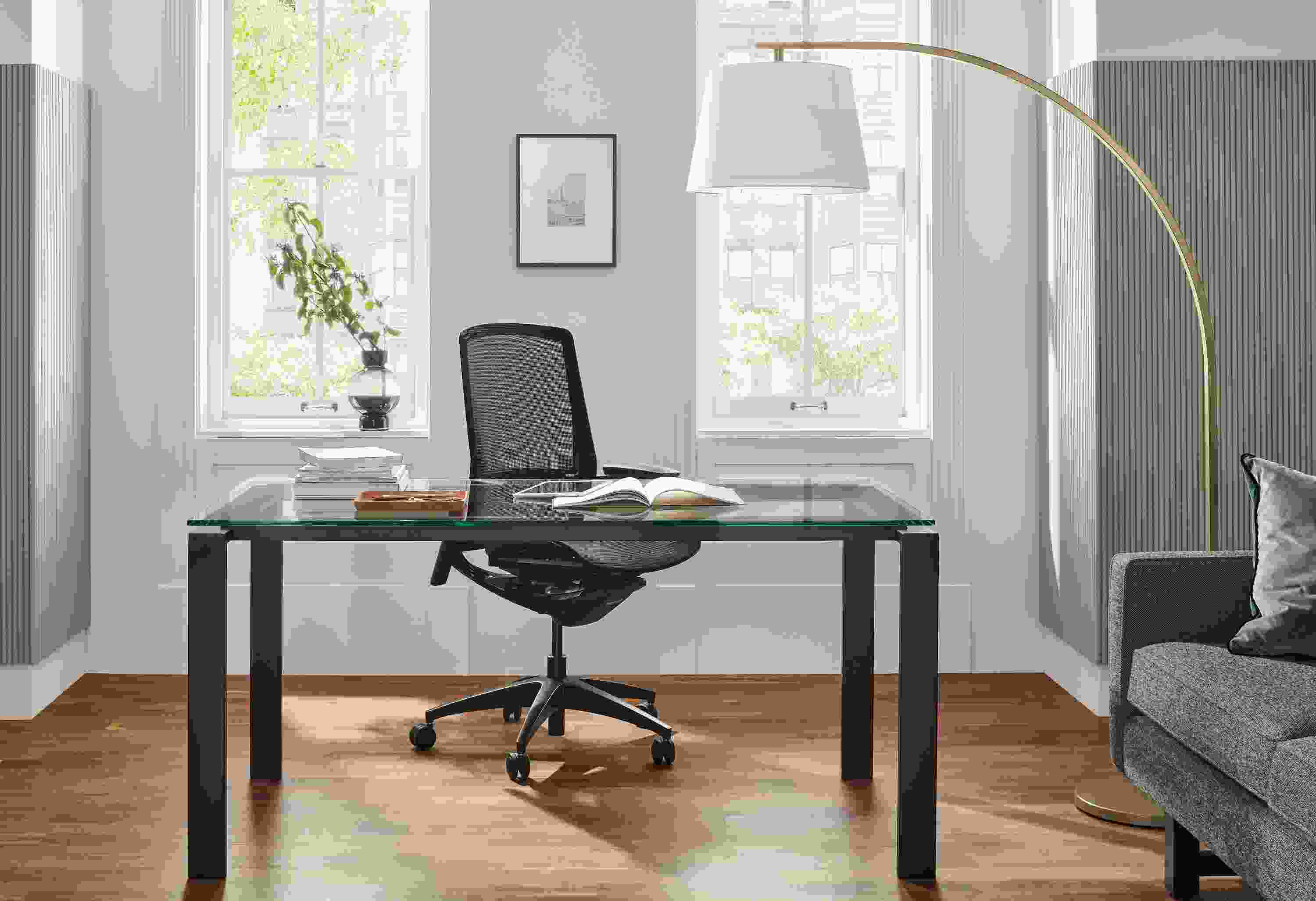 Home office with Rand 60-wide table in Natural steel with Finora Office chair.