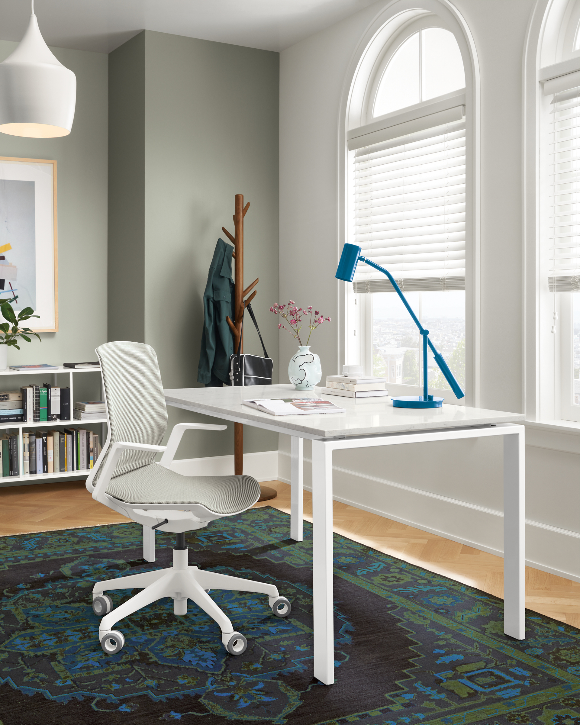 60w 30d desk - marbled white quartz top, white base