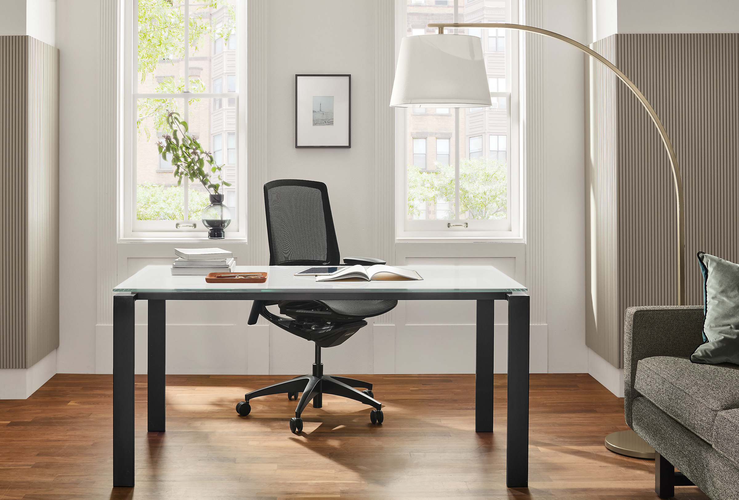 60w 30d desk - satin etched glass top, natural steel base