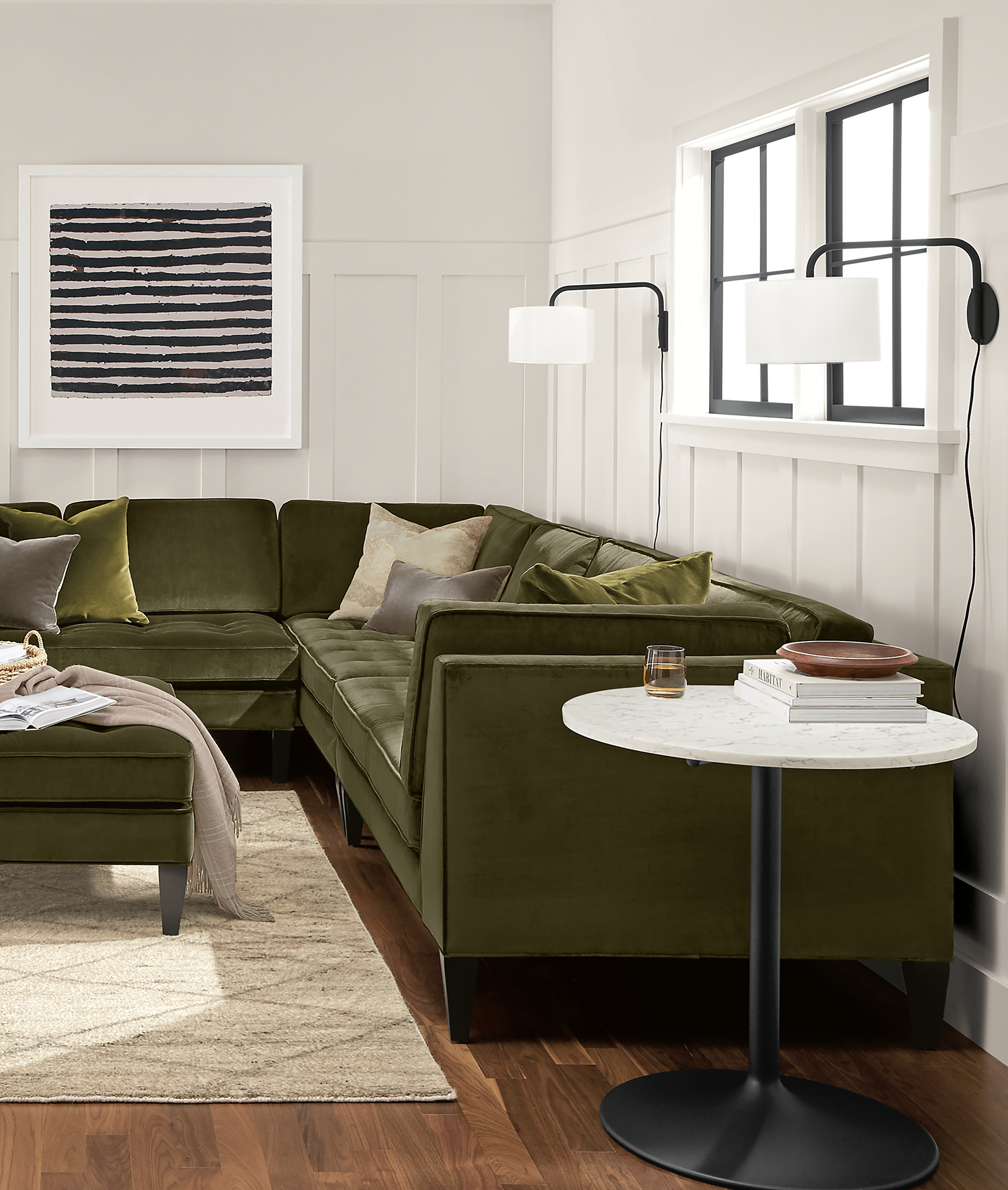 Living room with Hutton 140-by-110 three-piece sectional in vance olive.
