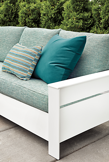 Detail of Rayo outdoor sofa in Phipps spa fabric.