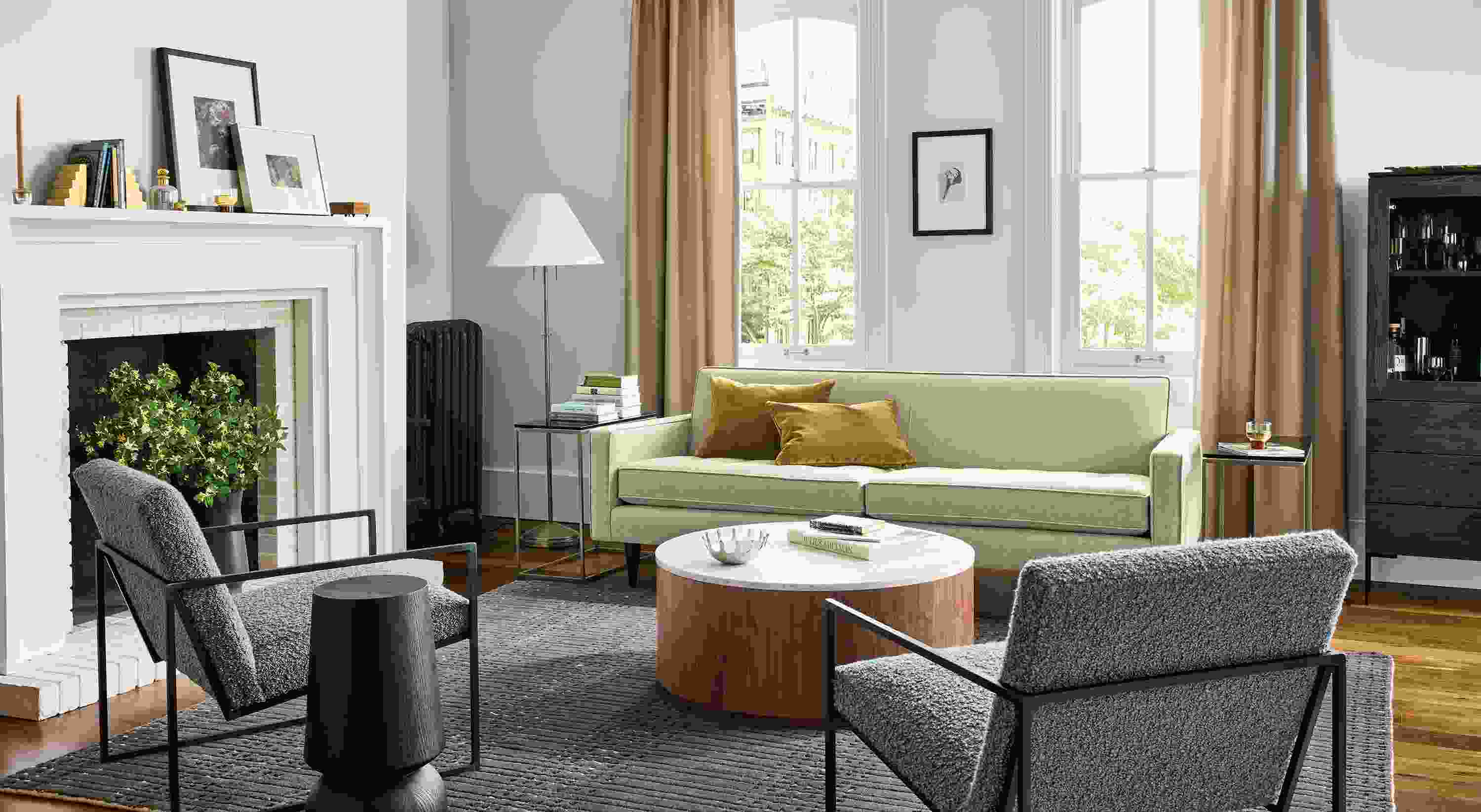 Living Room with Reese sofa in Sumner Flax, 2 Novato chairs in Dornick Slate and Liam coffee table in walnut.