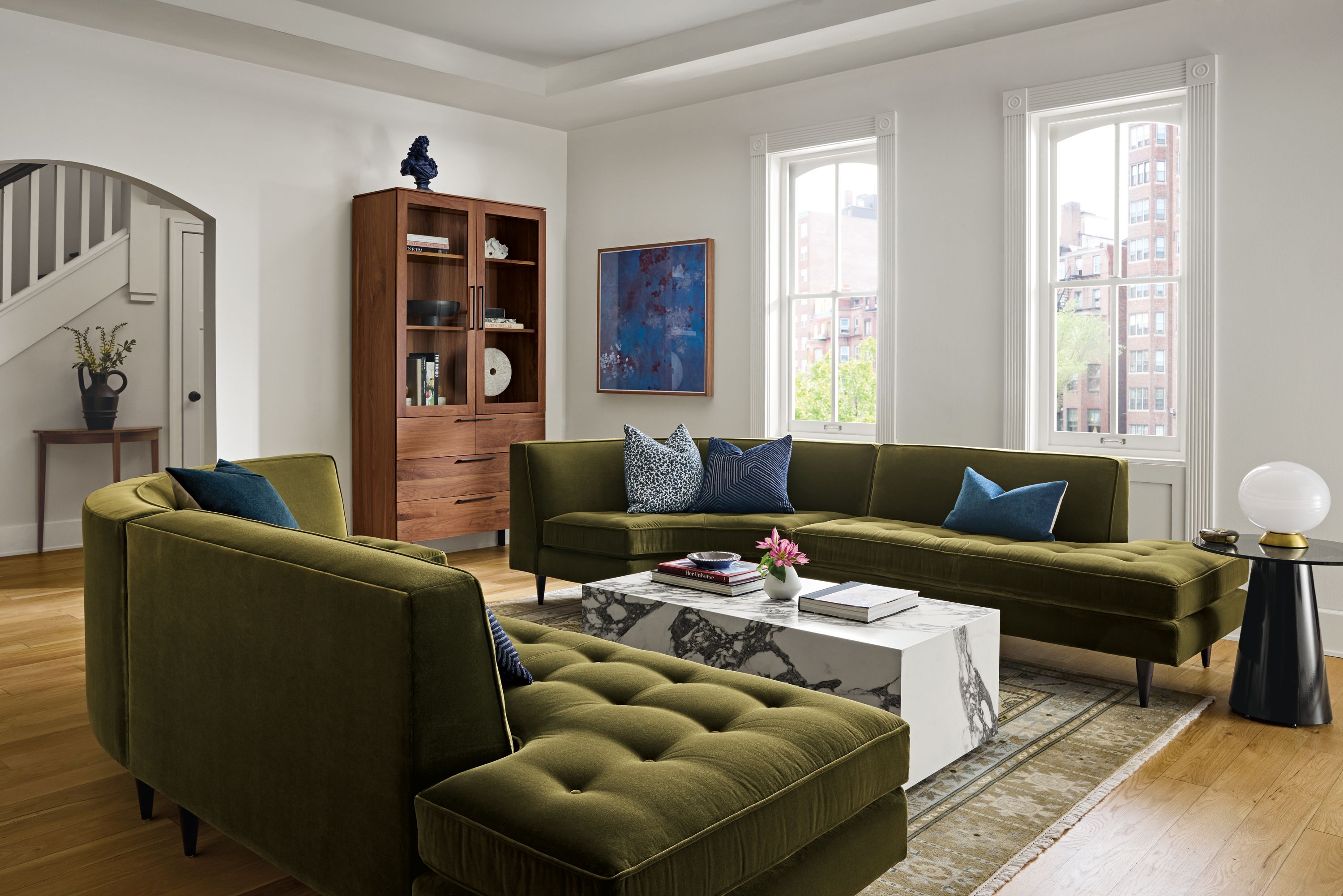 114x51" two-piece curved sectional with left-back sofa & 114x51" two-piece curved sectional with right-back sofa in Redding olive fabric
