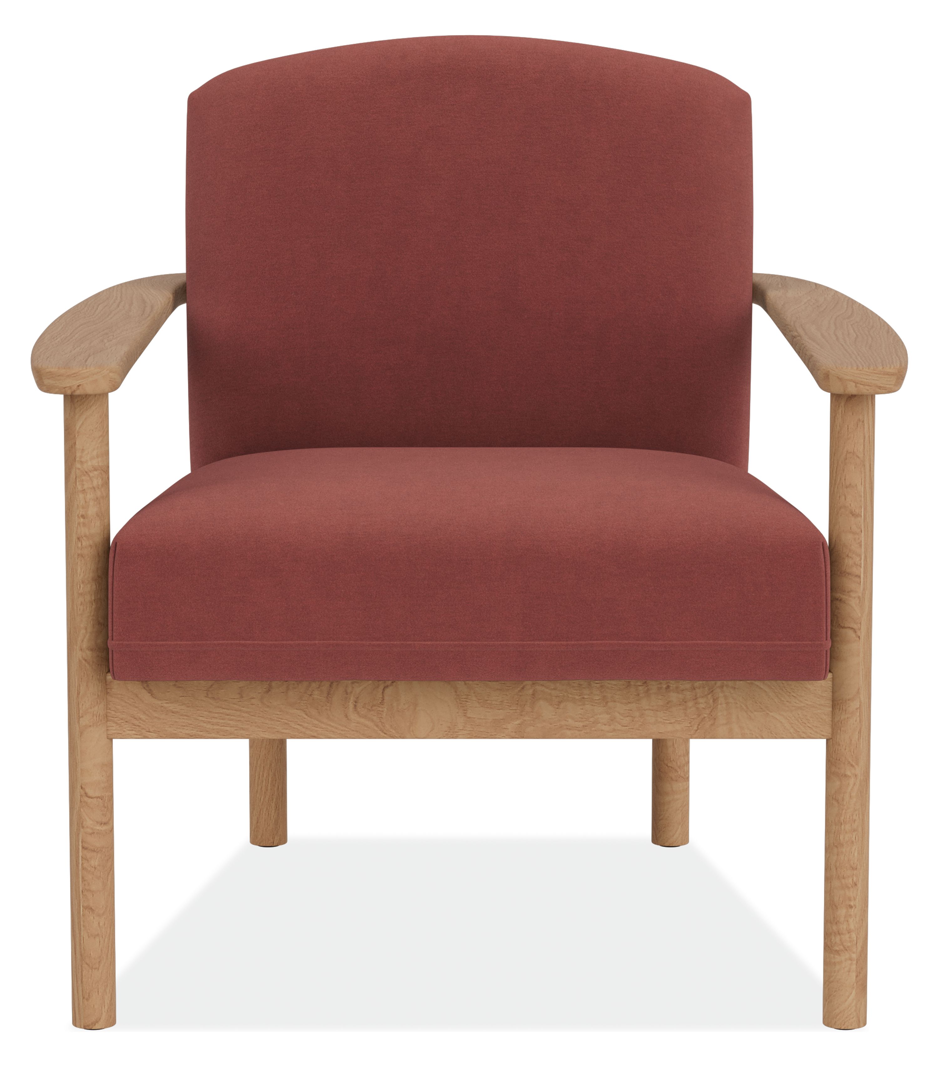 Front view of Renew Chair in Terra Clay Fabric and Rye Oak.