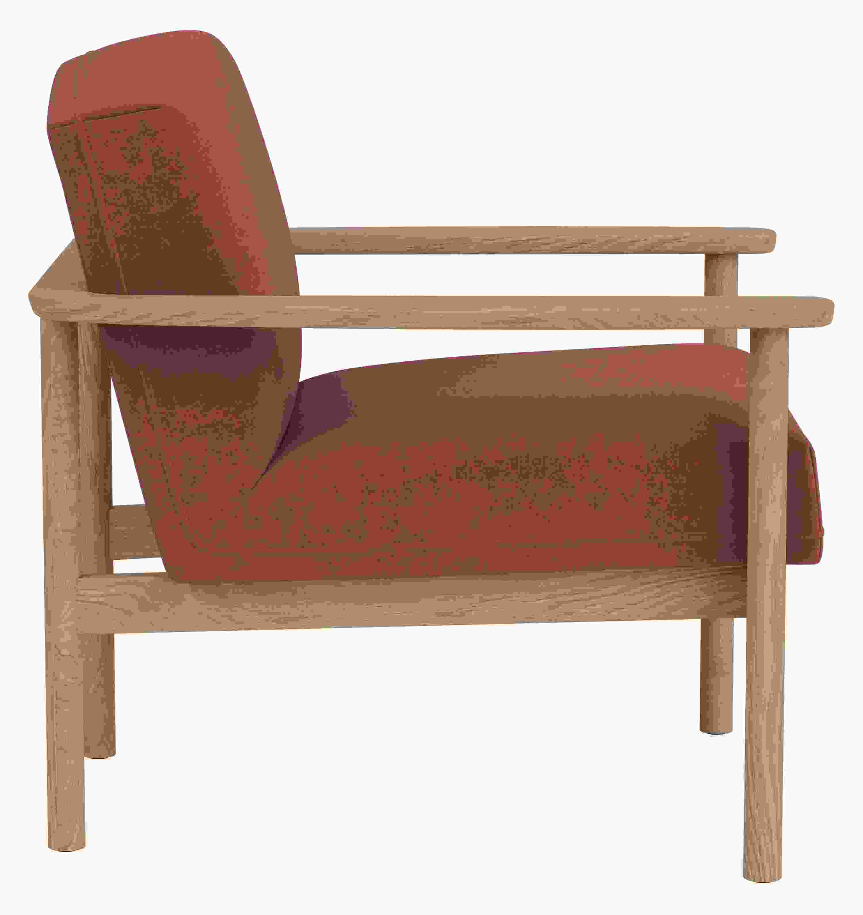 Side view of Renew Chair in Terra Clay Fabric and Rye Oak.