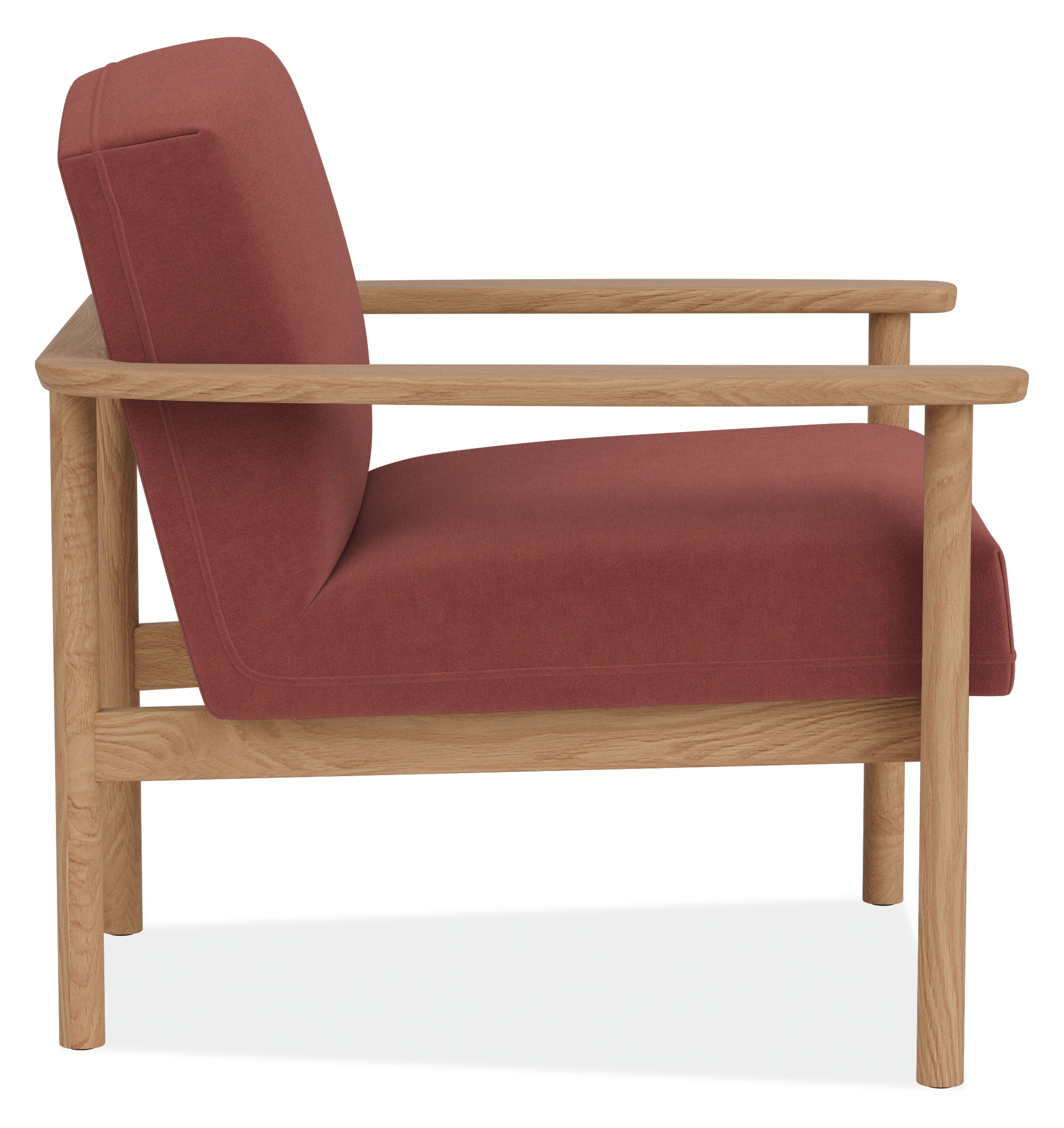 Side view of Renew Chair in Terra Clay Fabric and Rye Oak.