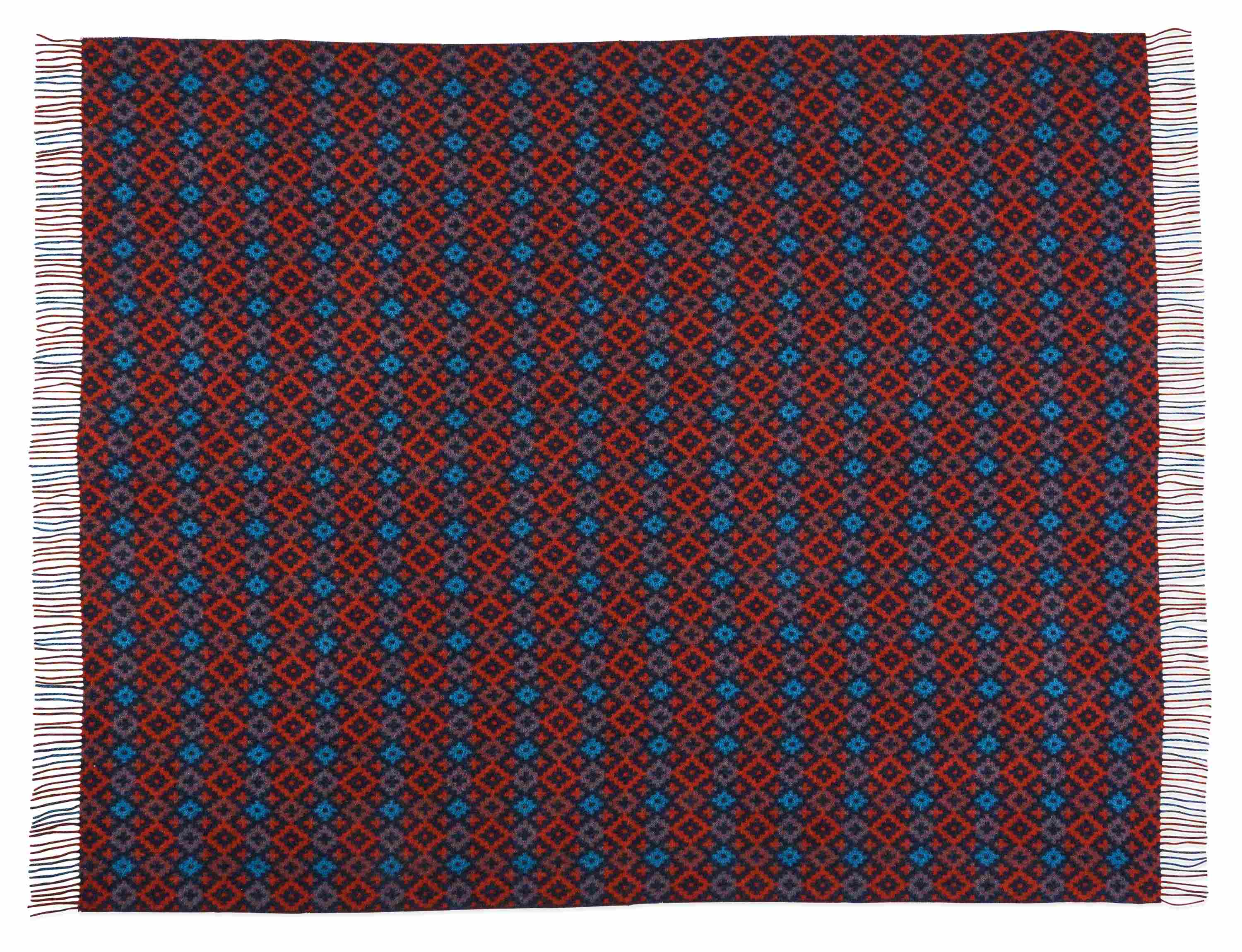 Overhead view of renfrew throw blanket in navy/rust.