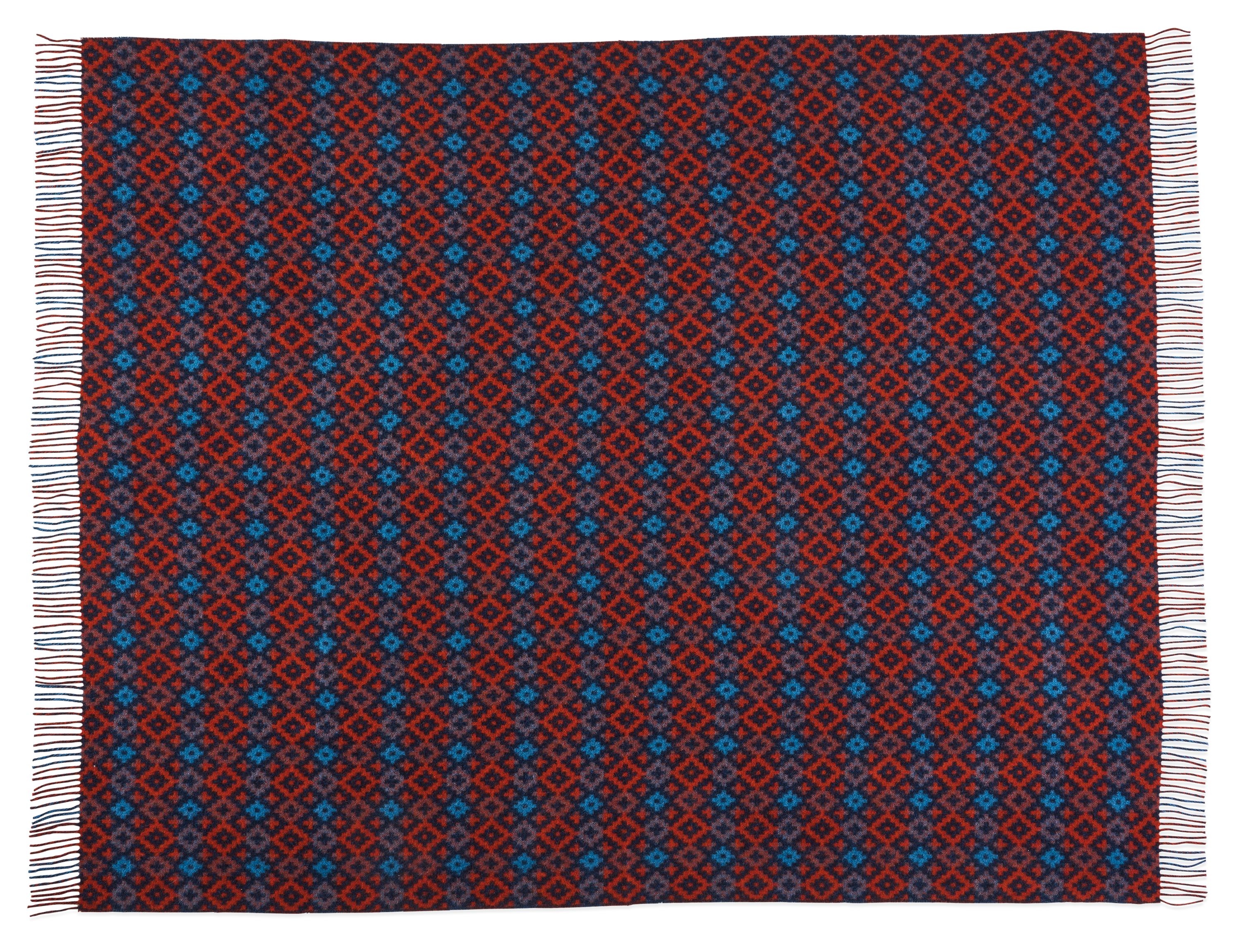 Overhead view of renfrew throw blanket in navy/rust.