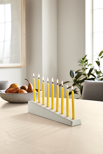 detail of Rise menorah in white with Glint Hanukkah Candles.
