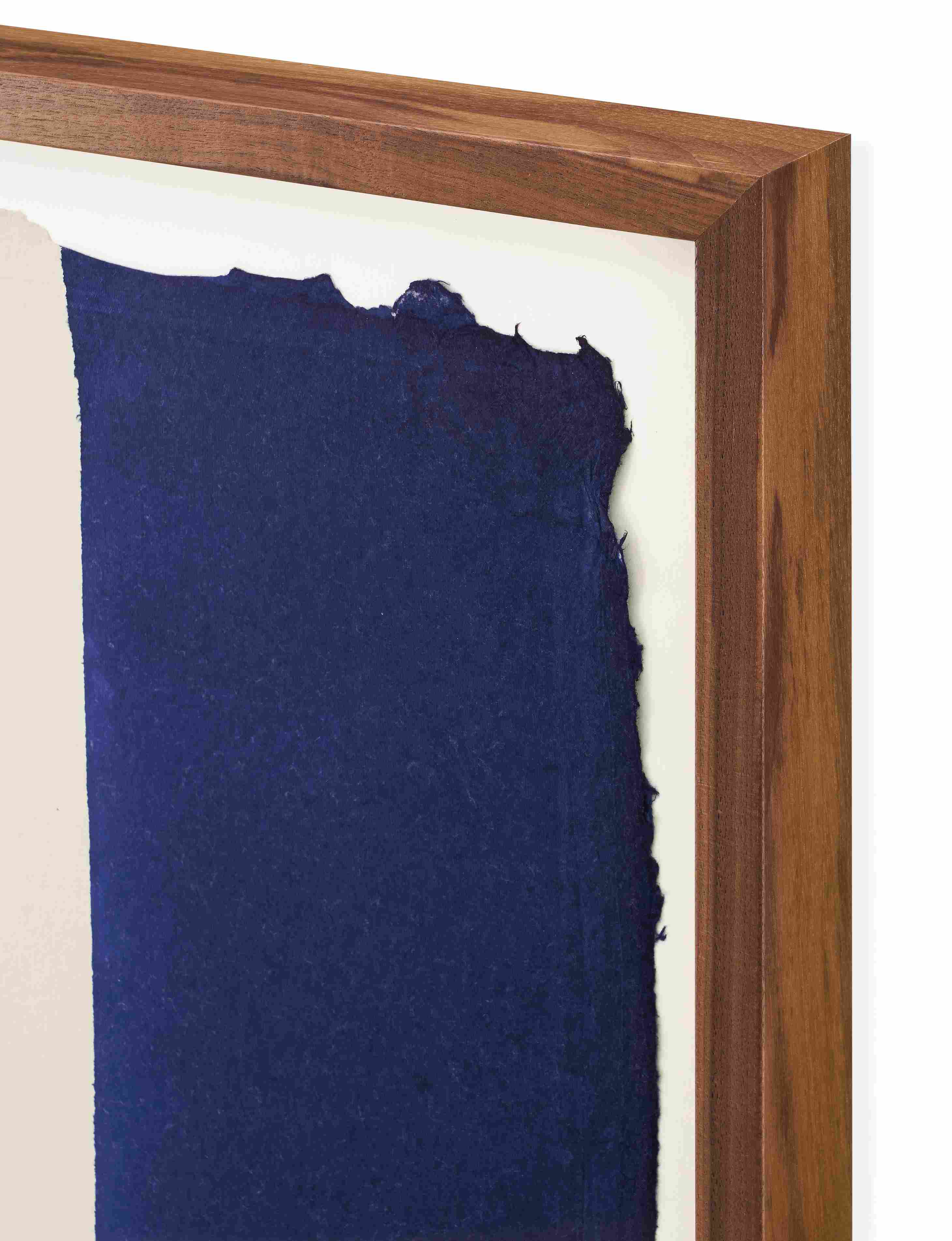 Corner detail of walnut frame on artwork Dip Dye #1 Indigo from John Robshaw.